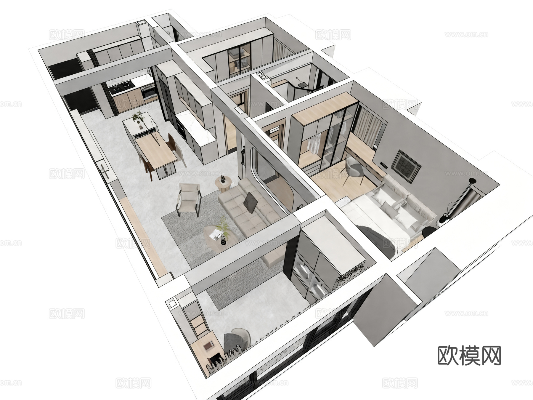 现代简约家装鸟瞰 现代简约家装 家装鸟瞰图 现代简约白su模型