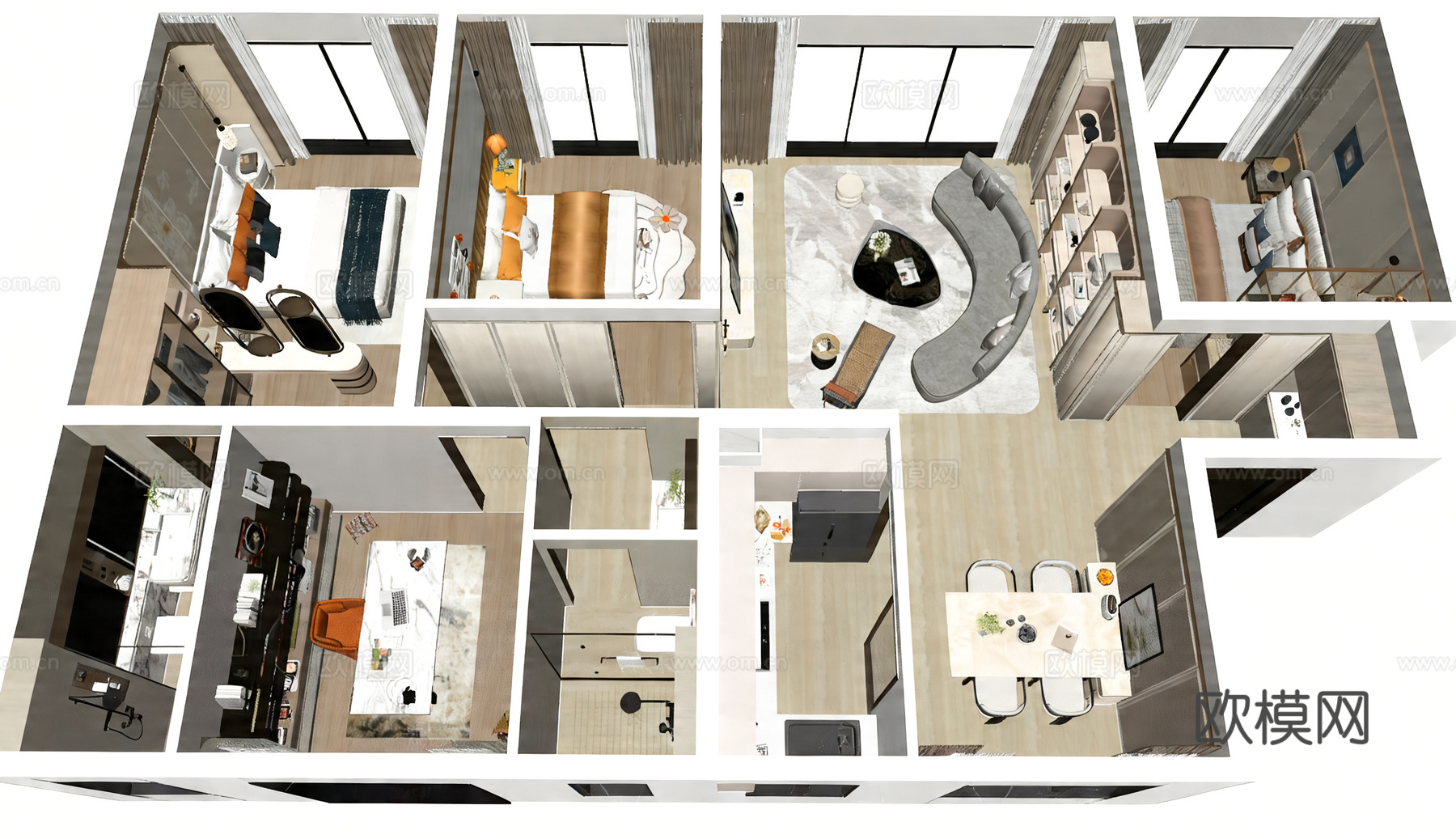 现代家装鸟瞰 现代家装样板间 样板房鸟瞰 客餐厅卧室书房 厨su模型