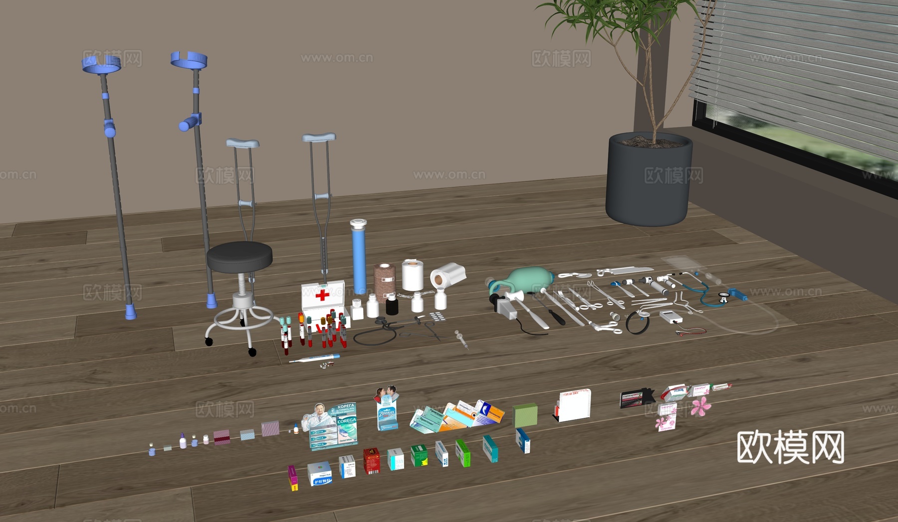 药品  拐杖  椅子  听诊器  医疗器械su模型