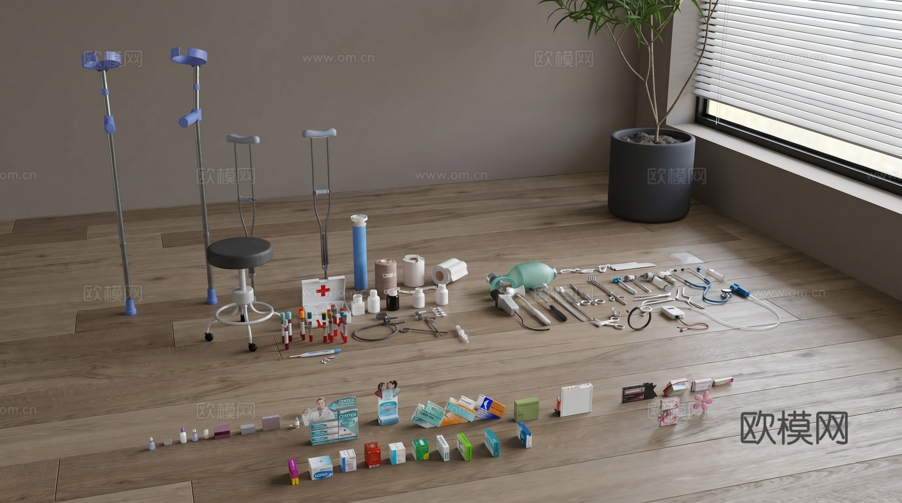 药品  拐杖  椅子  听诊器  医疗器械su模型