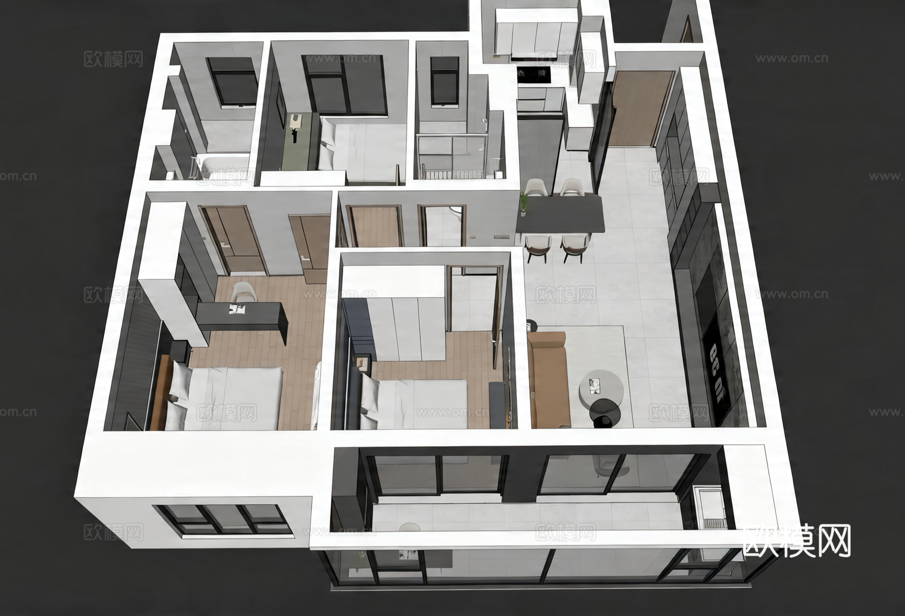 现代简约家装鸟瞰 现代 简约 经典 室内su模型