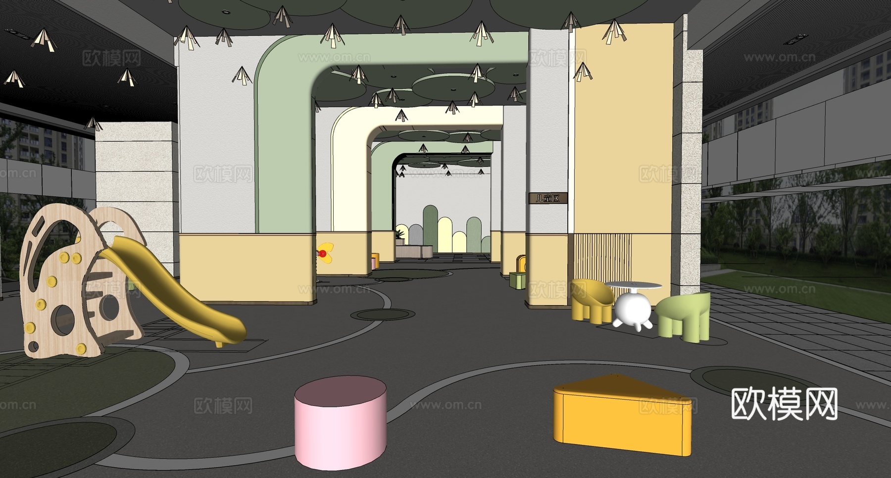 现代儿童活动空间 架空层 儿童 奇妙 游乐 滑梯su模型