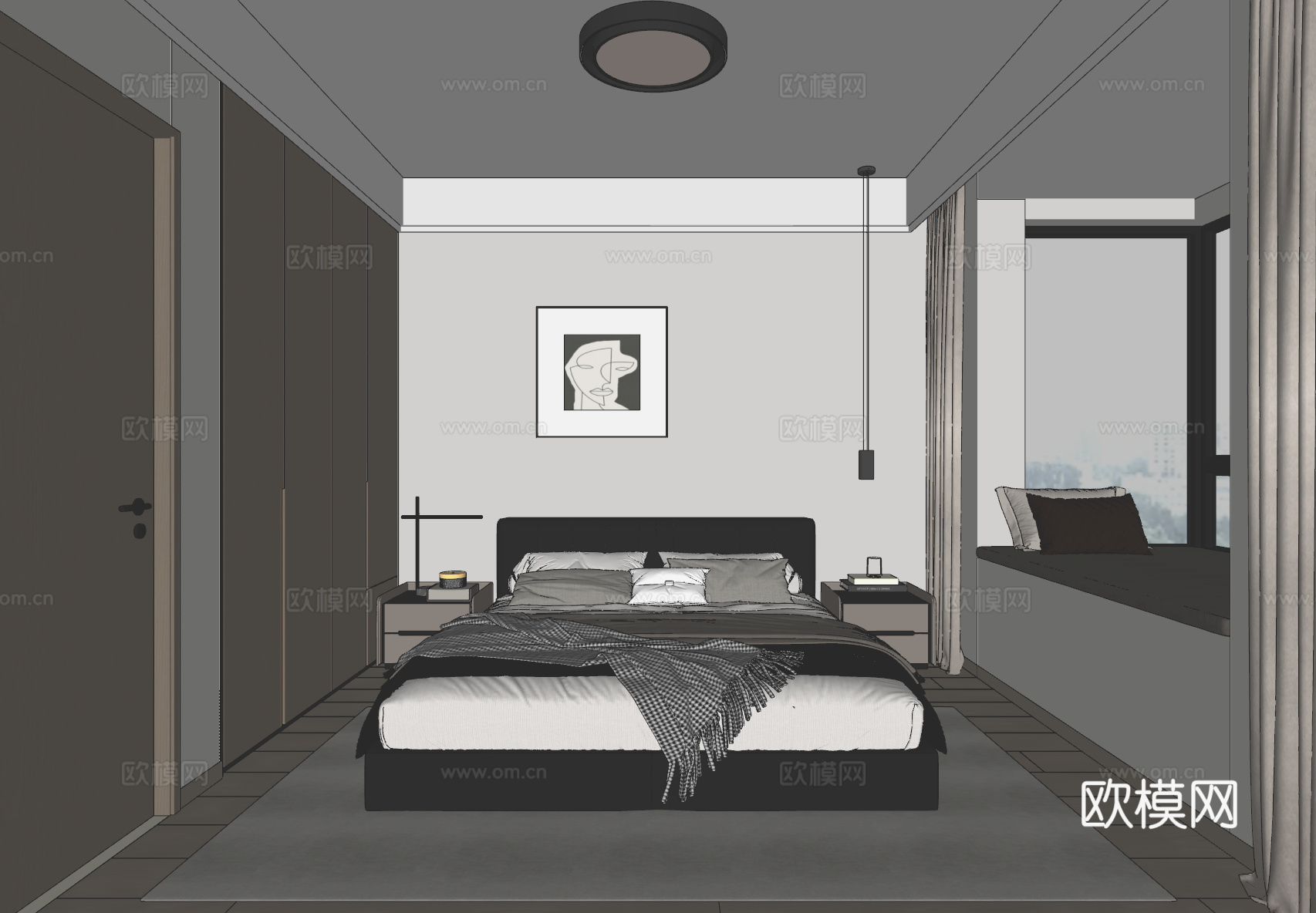 现代黑白灰卧室su模型
