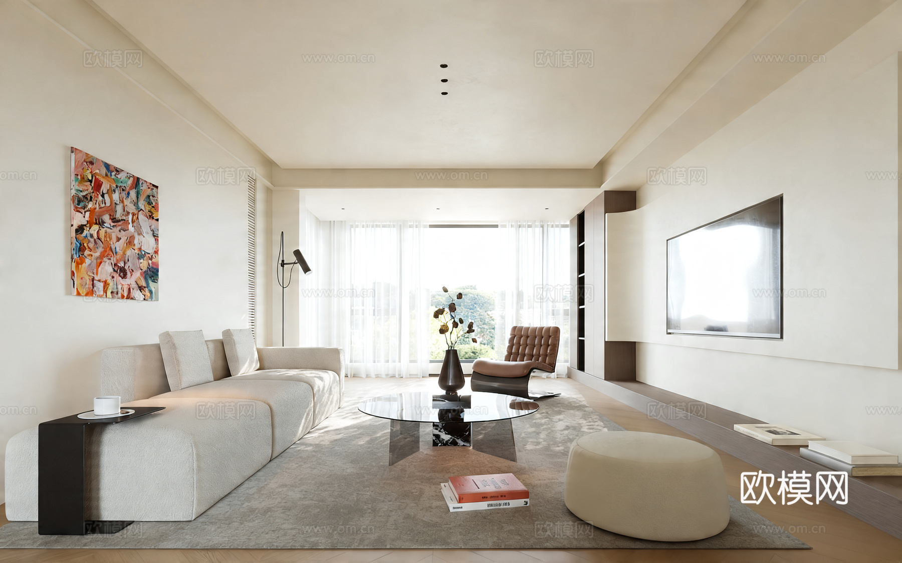 奶油风家居客厅 现代客厅 沙发组合 无主灯客厅su模型