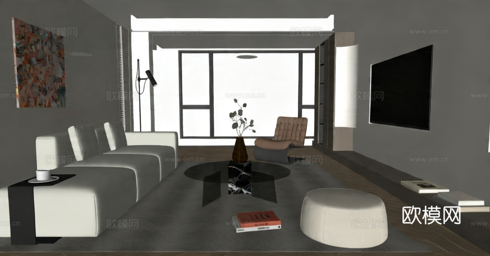 奶油风家居客厅 现代客厅 沙发组合 无主灯客厅su模型