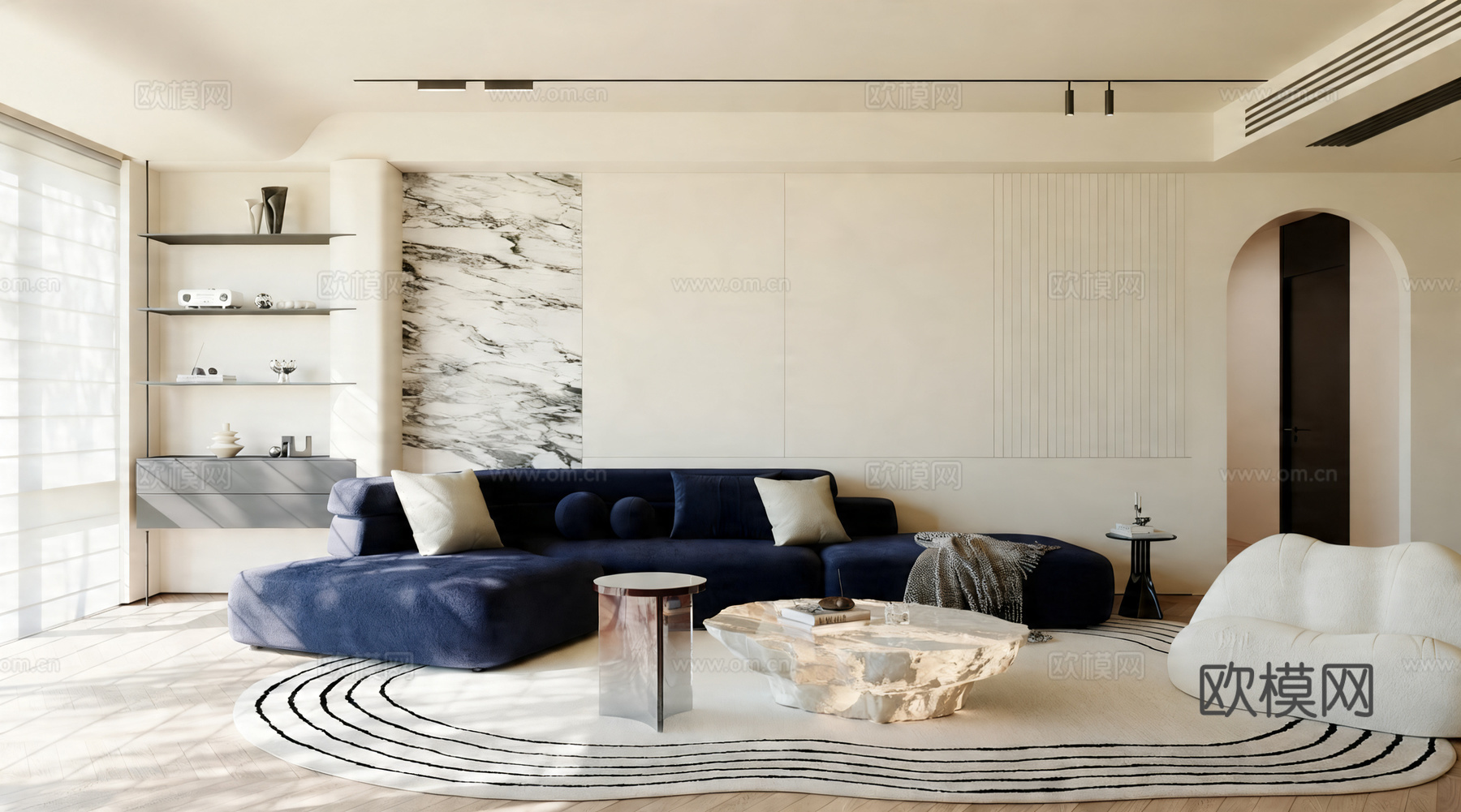 奶油风家居客厅_现代轻法式客厅 现代极简客厅 现代奶油风客厅su模型