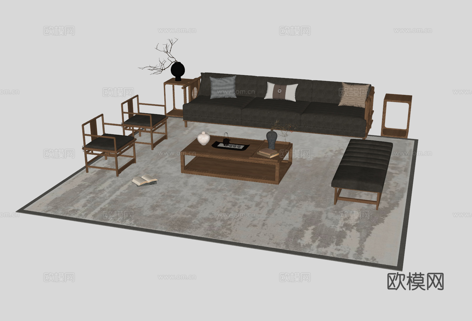新中式客厅沙发组合su模型