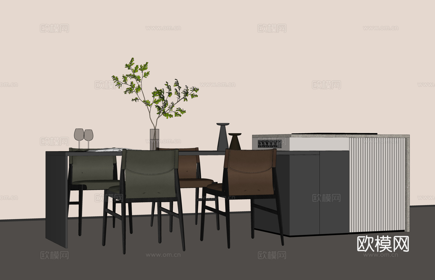 现代中岛台 中岛台餐桌 皮质餐椅su模型