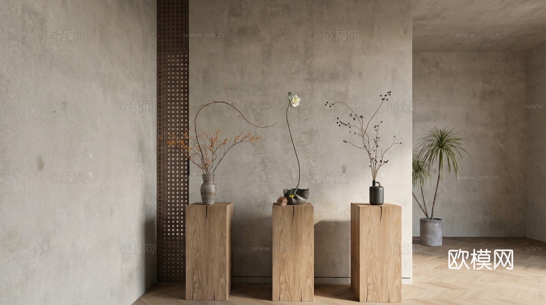 侘寂花瓶花艺_陶罐_陈设品_插花_植物  玄关  端景su模型