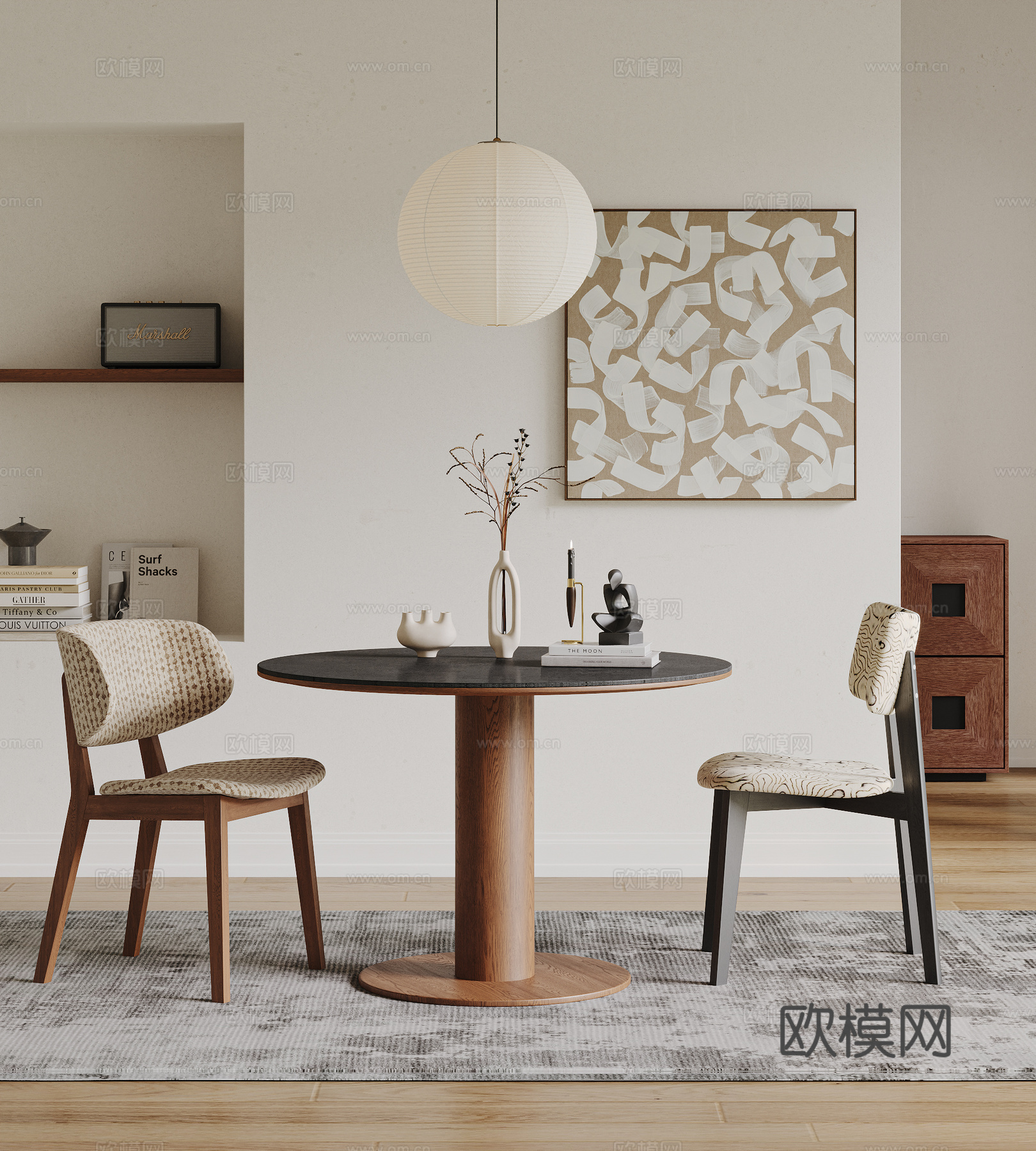 中古风餐桌椅 圆形餐桌椅 吊灯 餐椅 挂画 地毯 休闲桌椅su模型