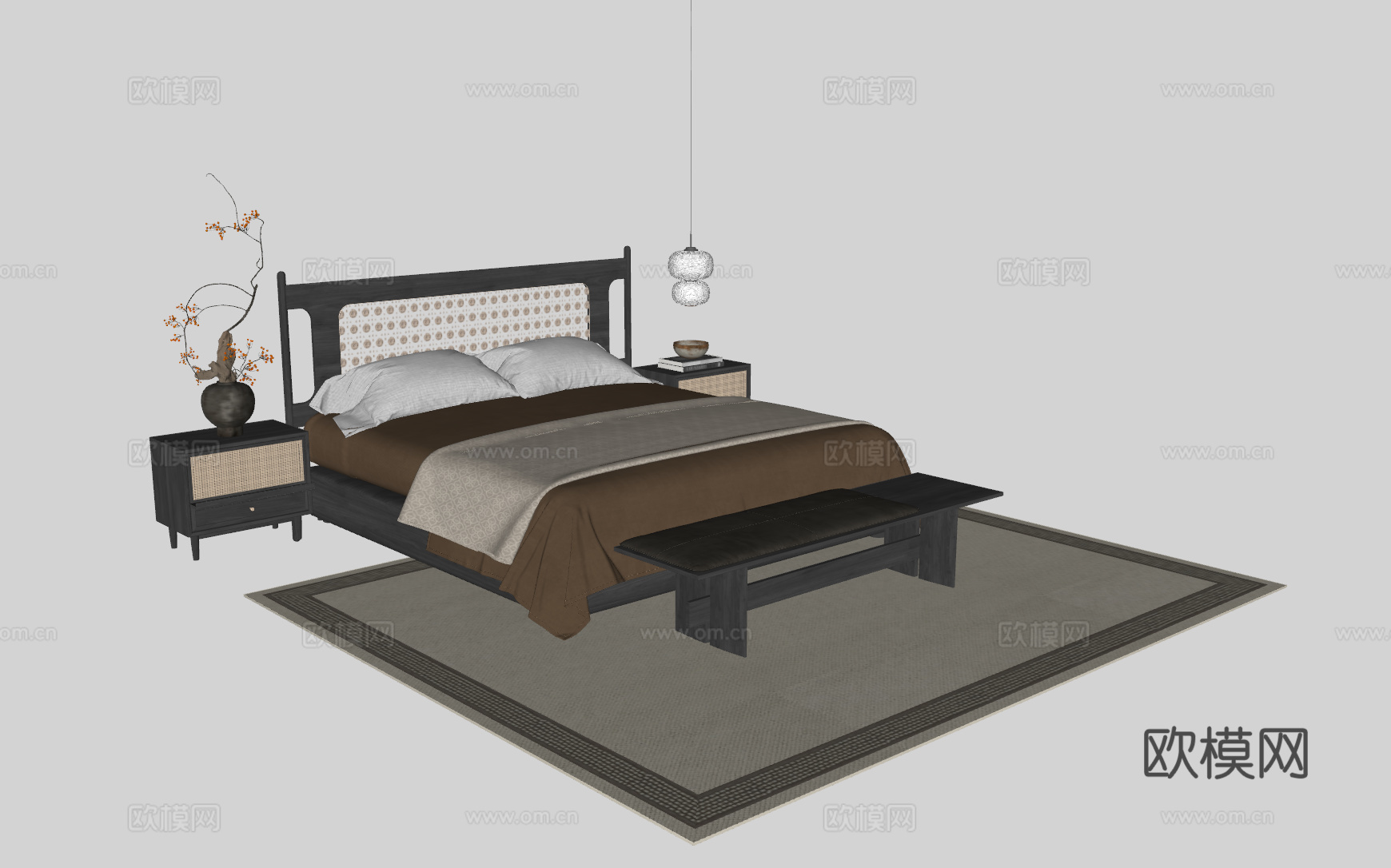 中古风双人床su模型
