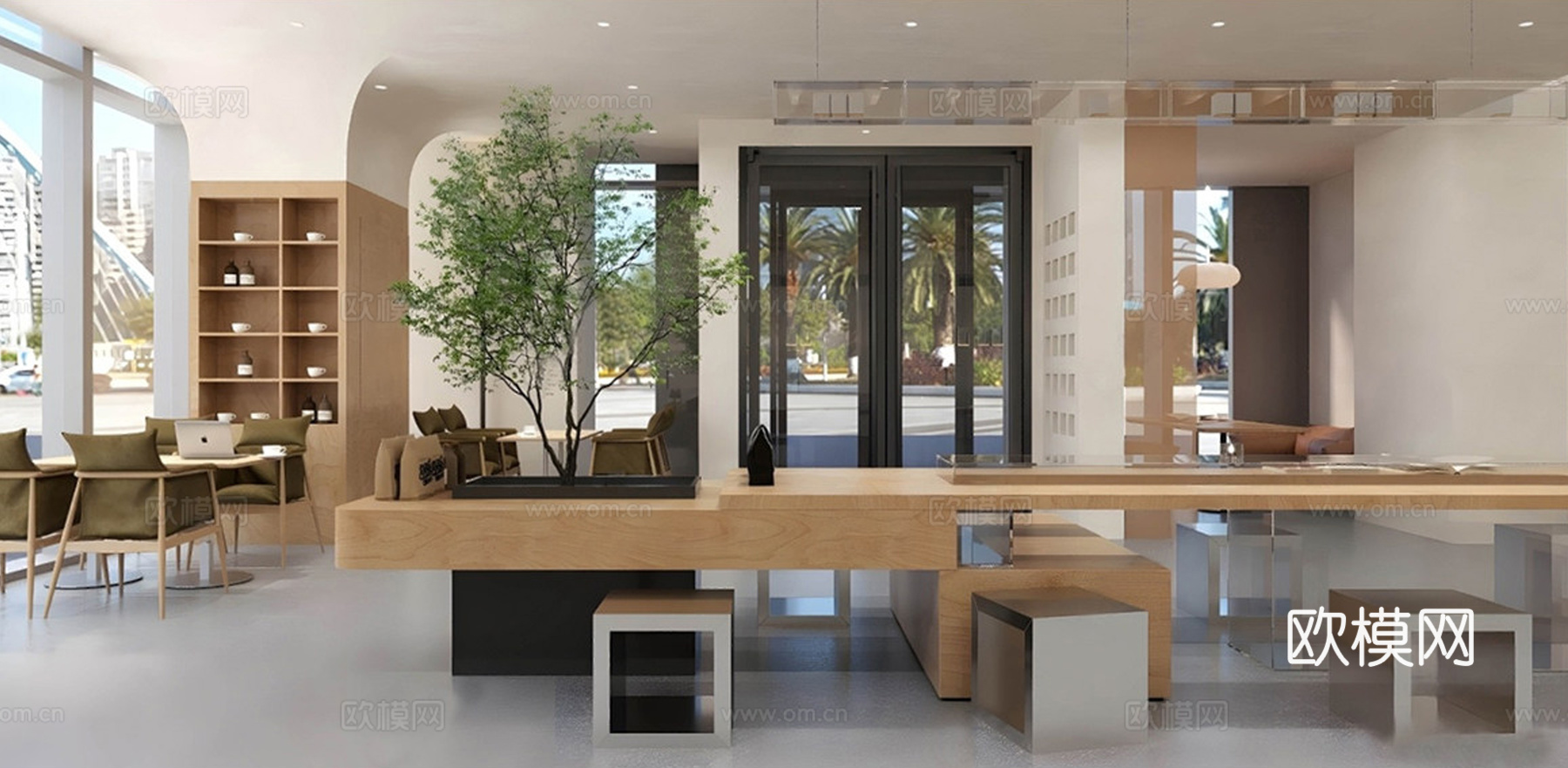 现代咖啡厅 奶茶甜品店 咖啡桌椅组合 吧台su模型