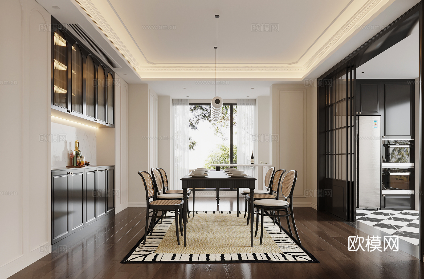 法式餐厅 餐桌椅 酒柜su模型