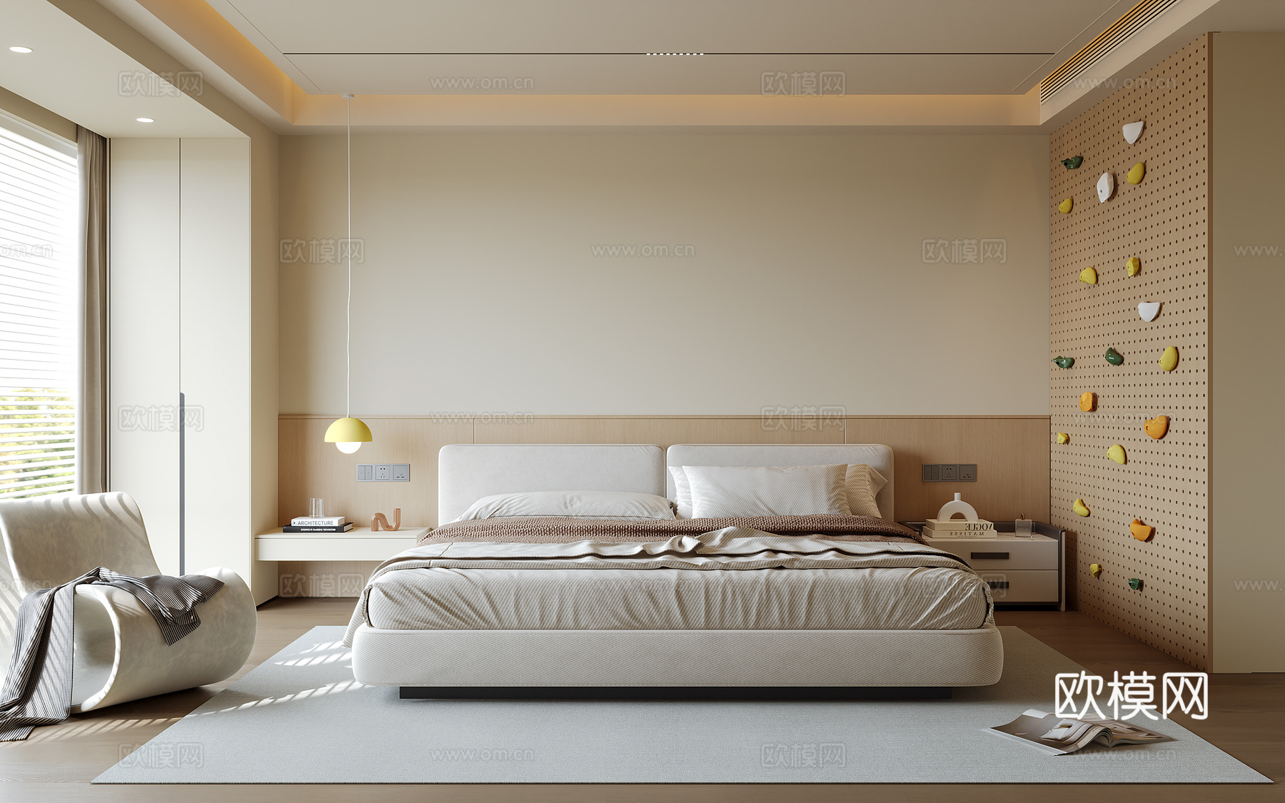 现代原木风卧室su模型