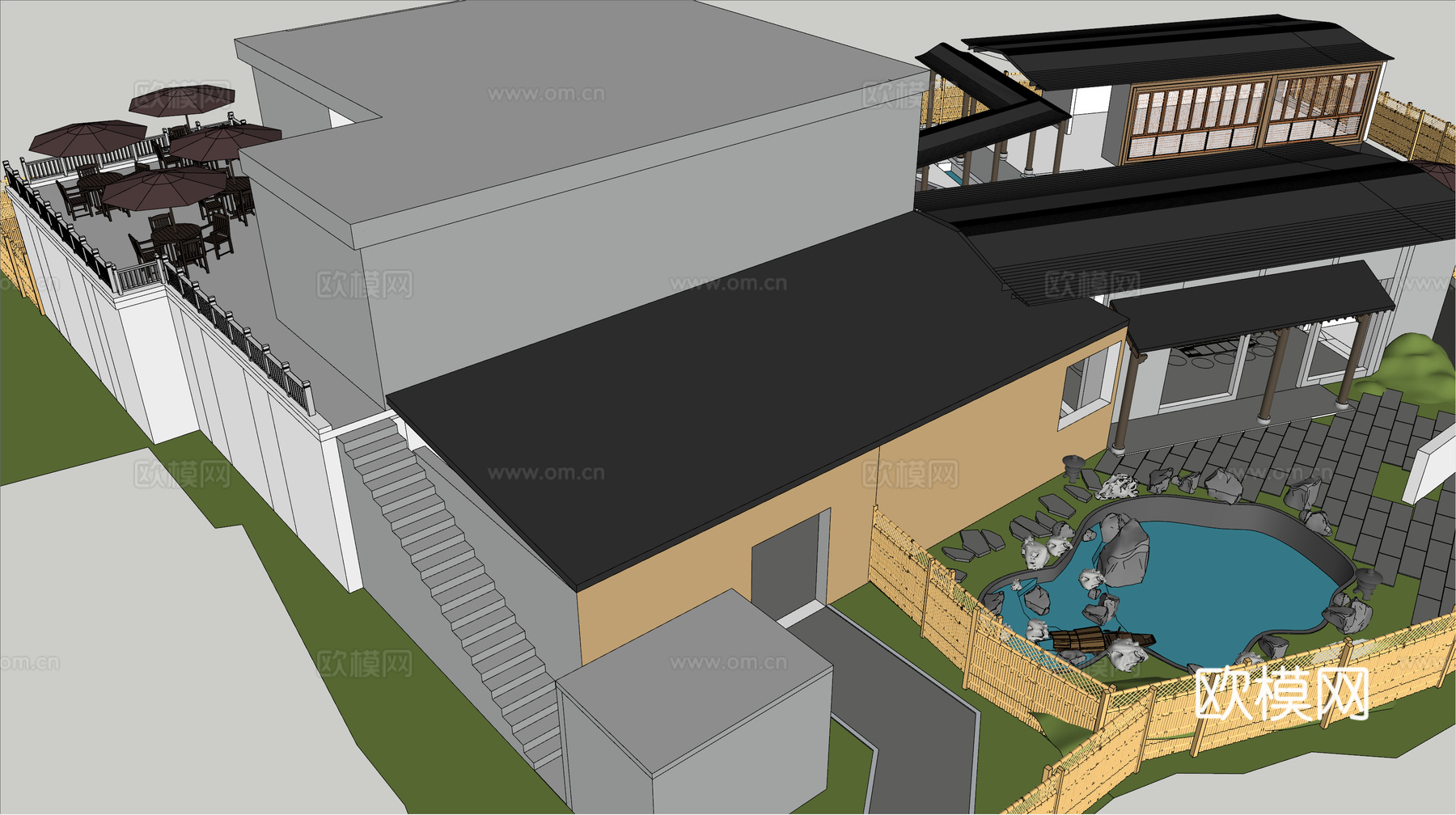 新中式民宿建筑，餐饮su模型