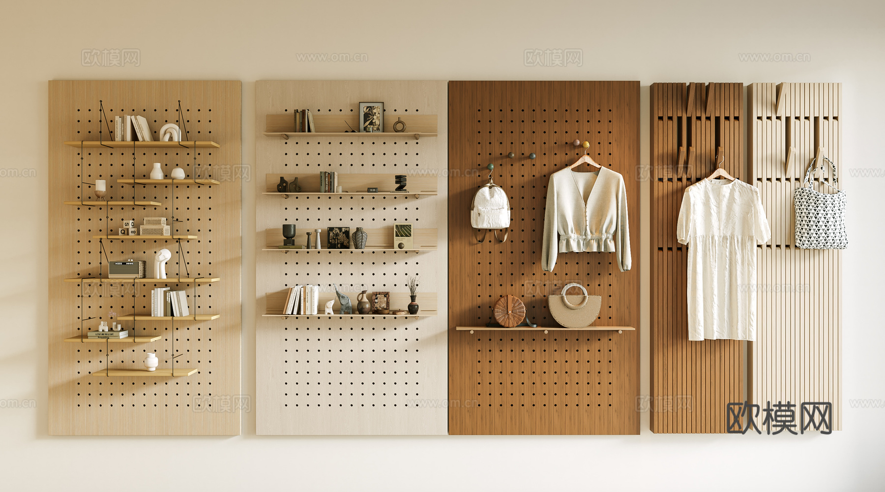 现代 洞洞板墙饰 挂衣钩 衣服 包包 书籍饰品 洞洞板书架su模型