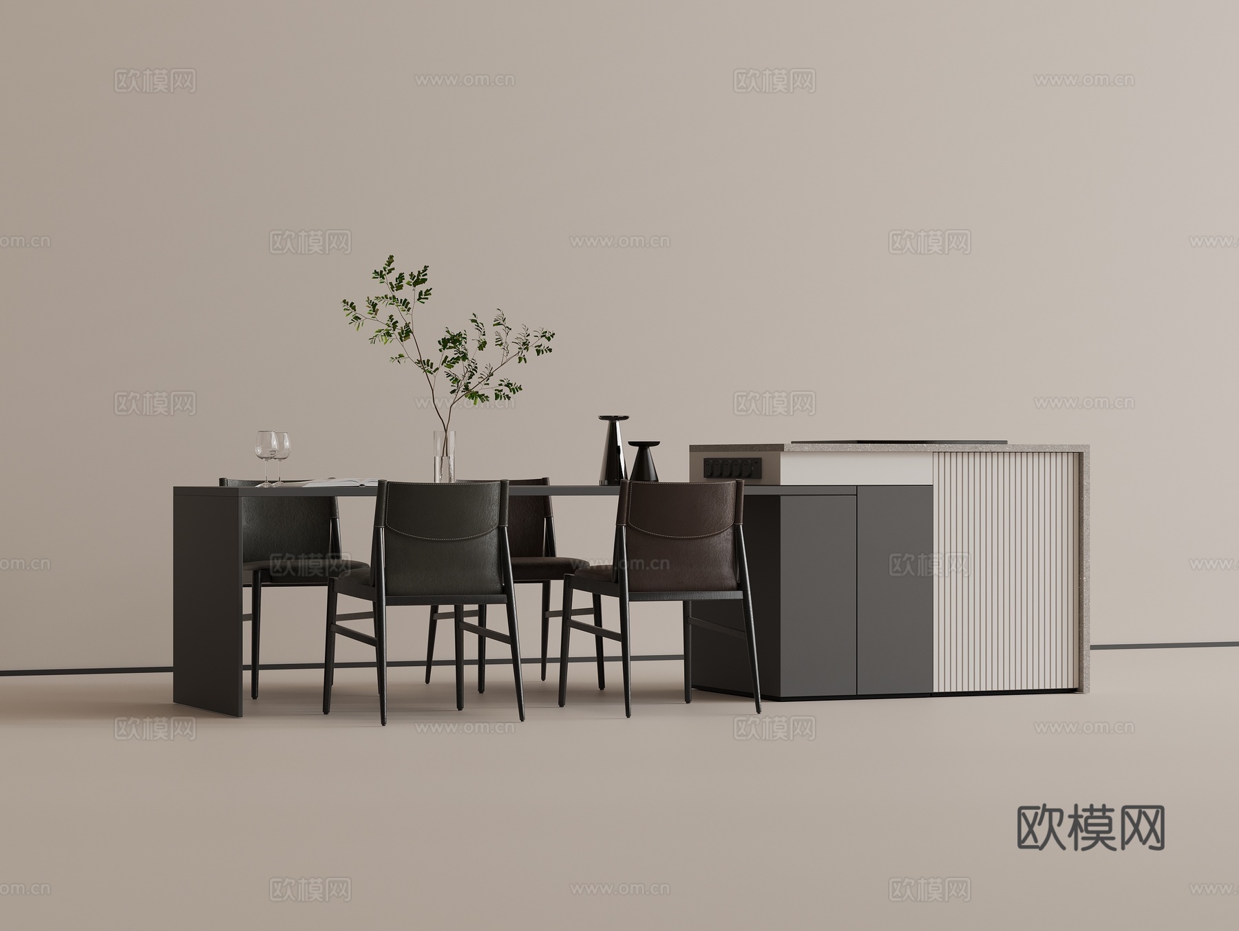 现代中岛台 中岛台餐桌 皮质餐椅su模型