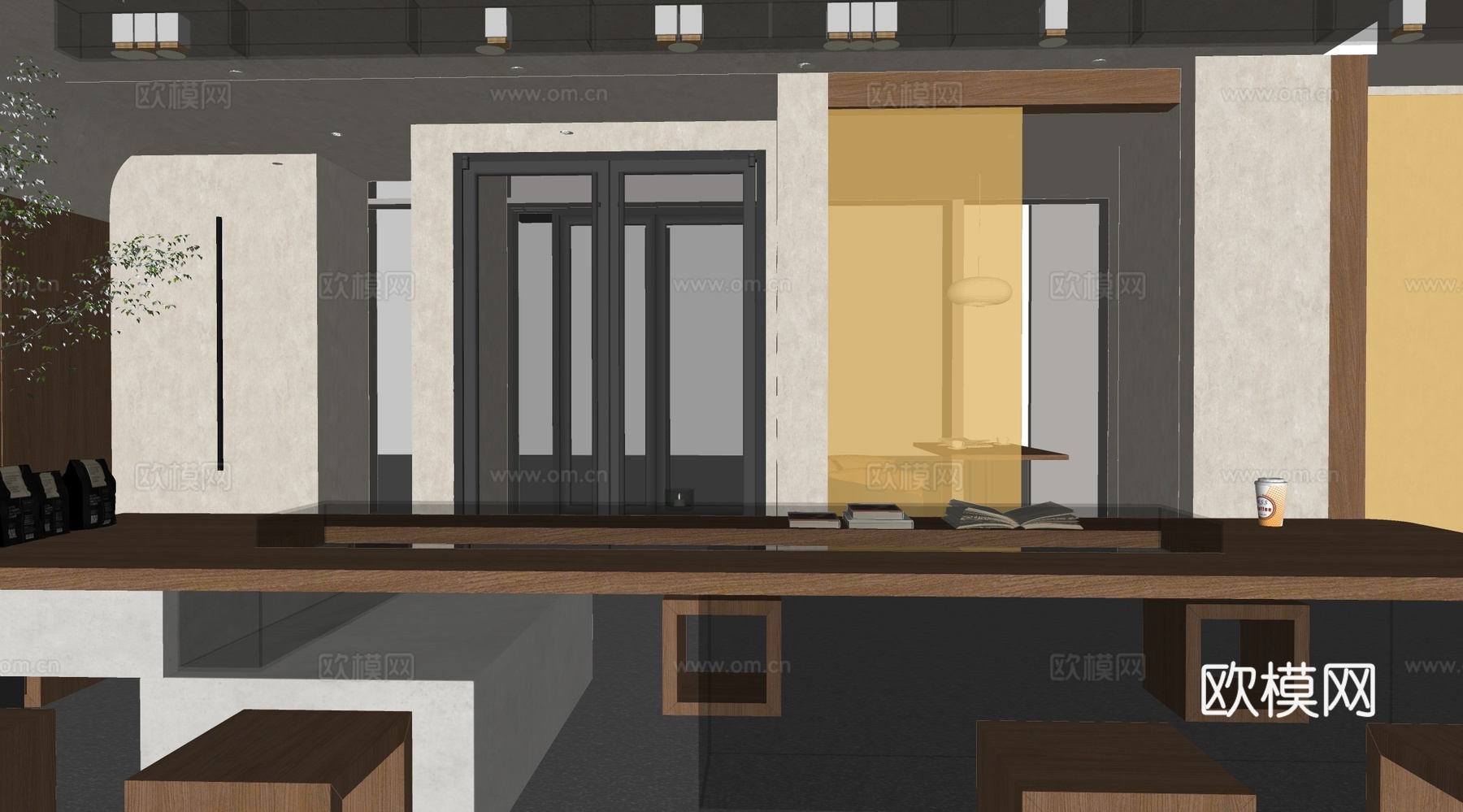 现代咖啡厅 奶茶甜品店 咖啡桌椅组合 吧台su模型