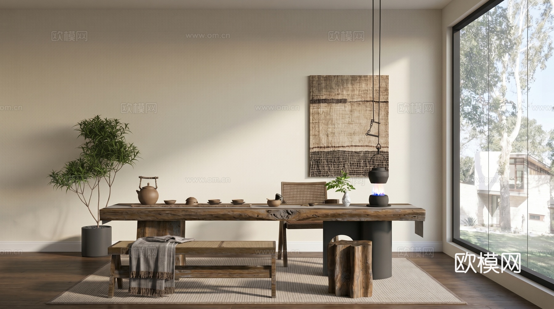 侘寂风茶室_茶桌椅组合_实木茶桌_茶具组合_挂画_茶台su模型