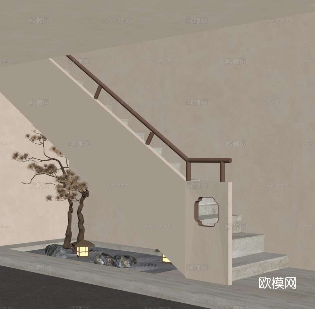 新中式楼梯 小景观su模型