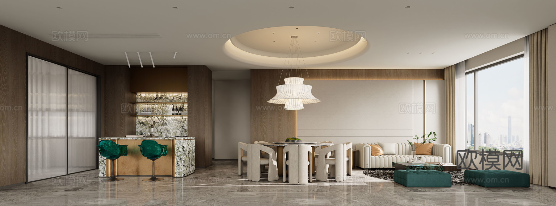 意式轻奢客餐厅，水吧台，餐桌椅，意式轻奢餐厅，沙发组合su模型