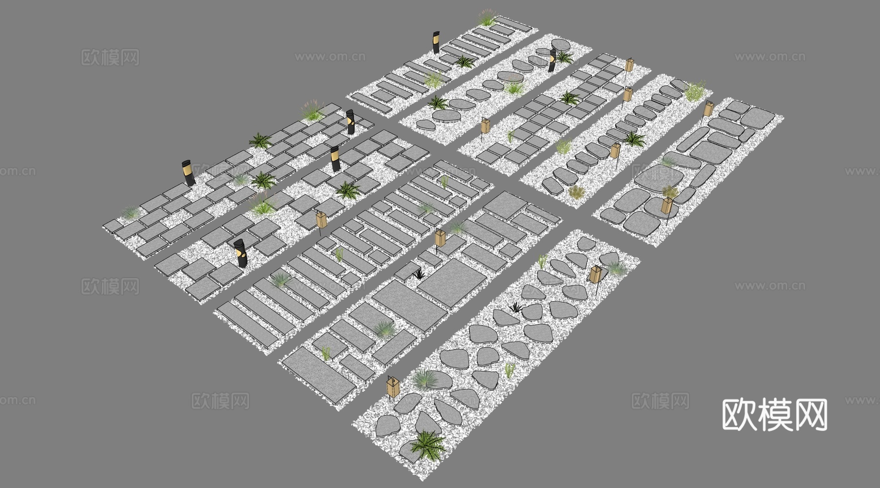 新中式现代汀步 中式园林 石板路 园林道路景观su模型
