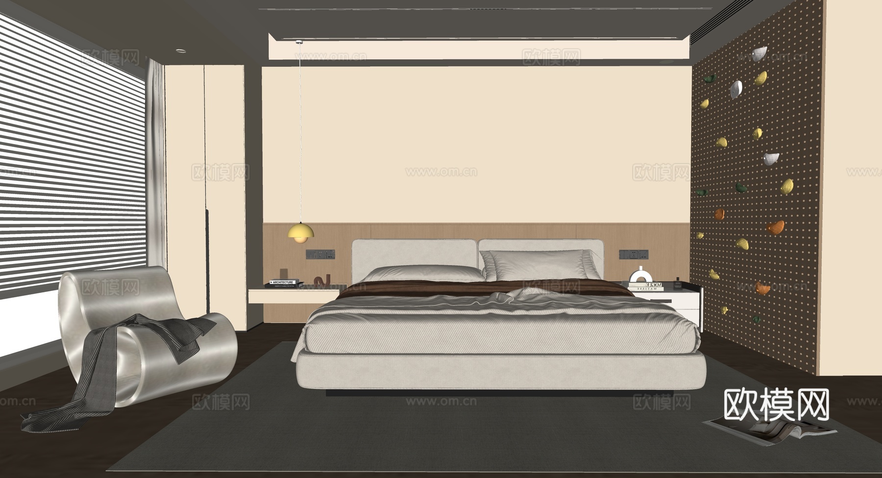 现代原木风卧室su模型