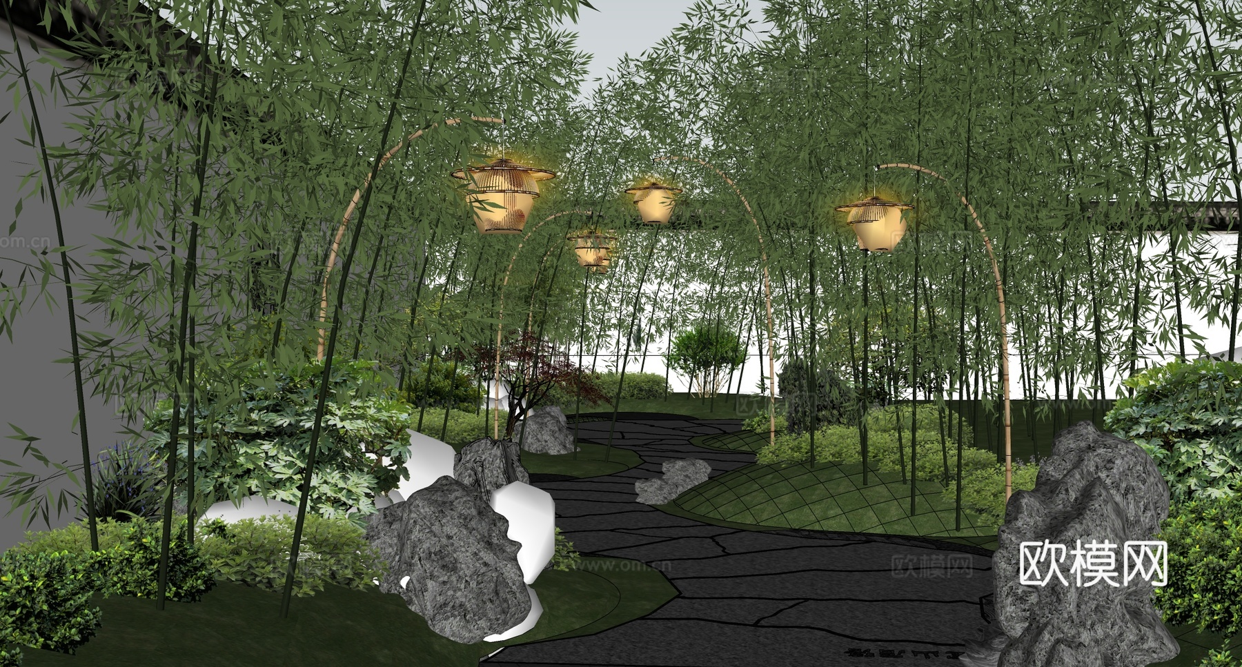 新中式住宅小区景观 竹林夹道 竹灯 宅间林下空间 中式园路su模型