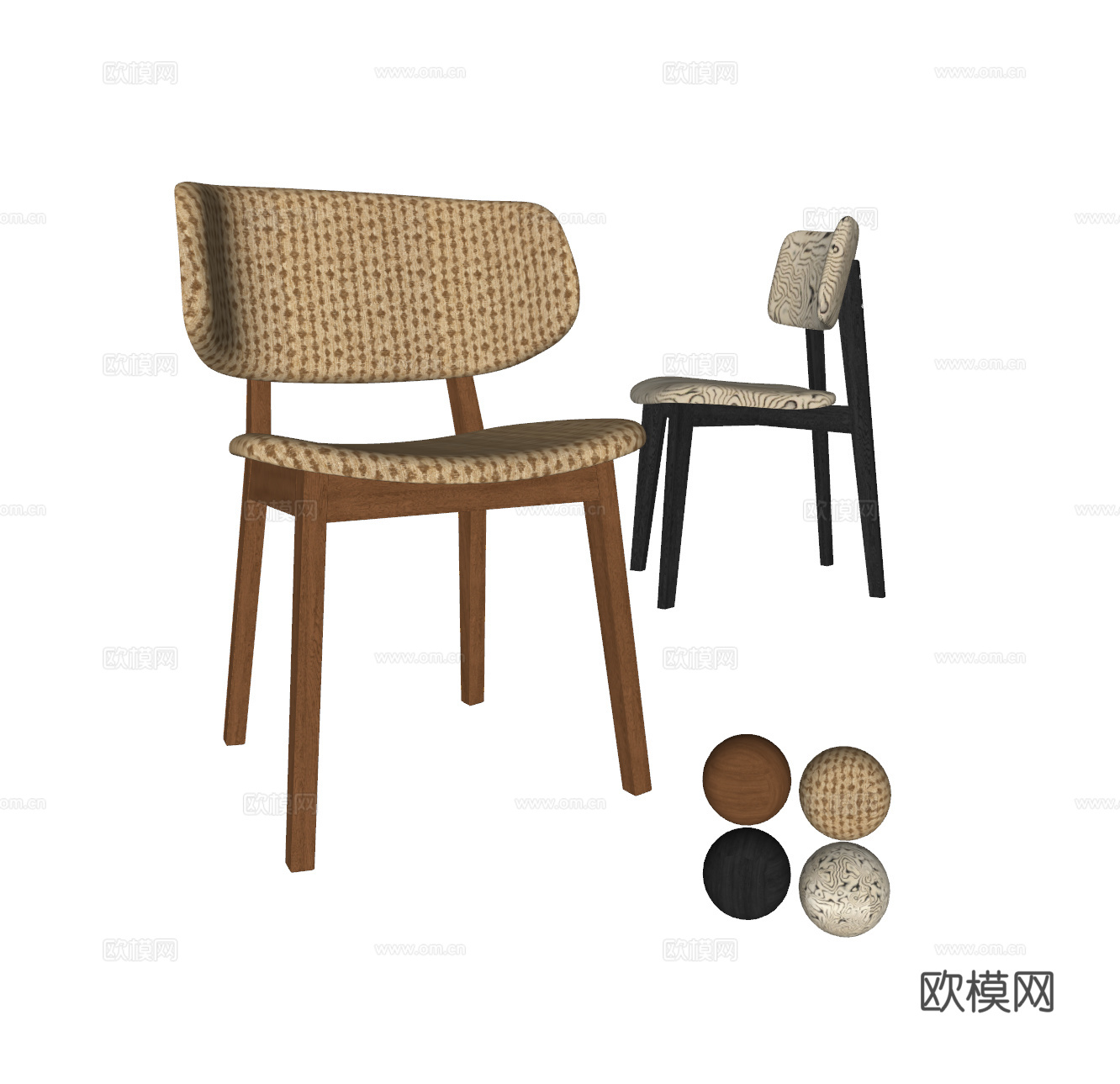 中古风单椅组合 餐椅 北欧单椅 休闲椅 书椅 软包靠背 实木su模型