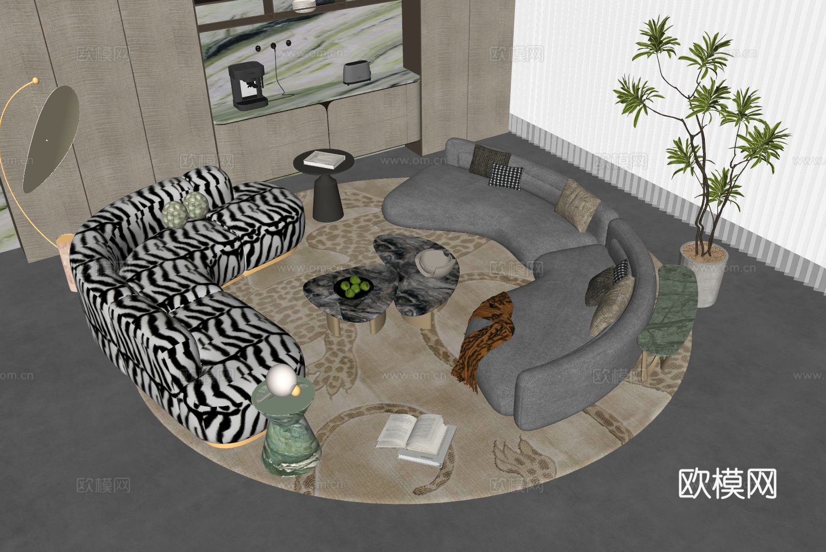 现代弧形沙发茶几组合 意式沙发茶几组合 意式客厅沙发 单椅su模型