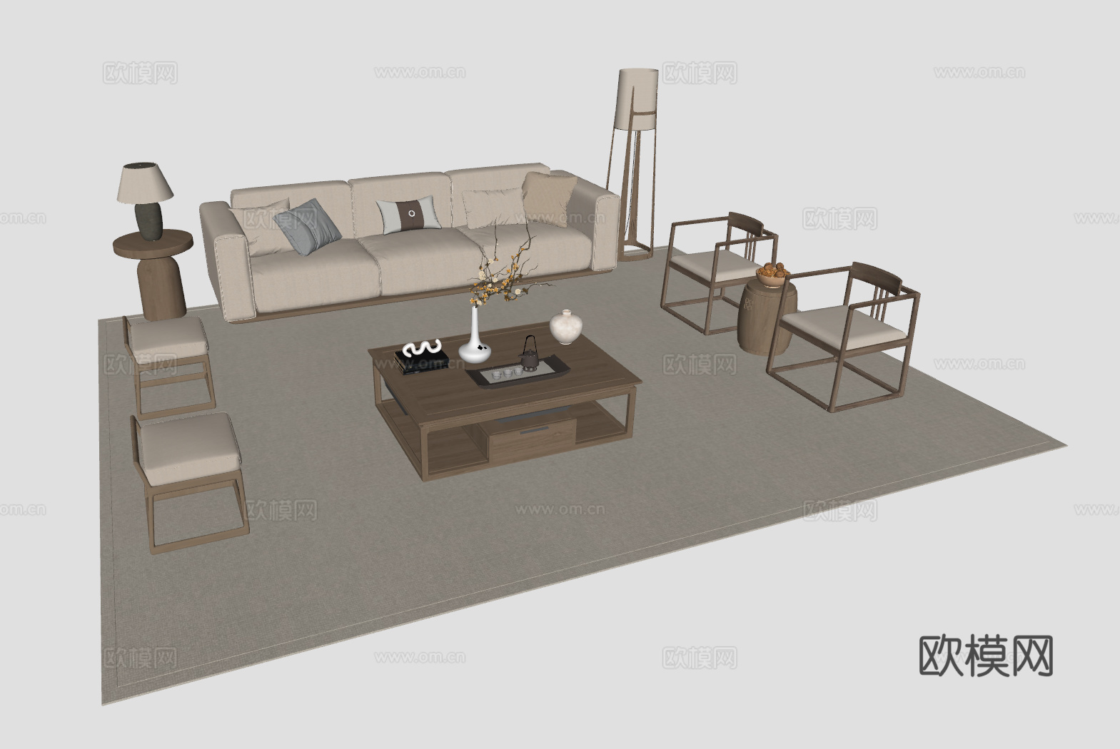 新中式客厅沙发组合su模型