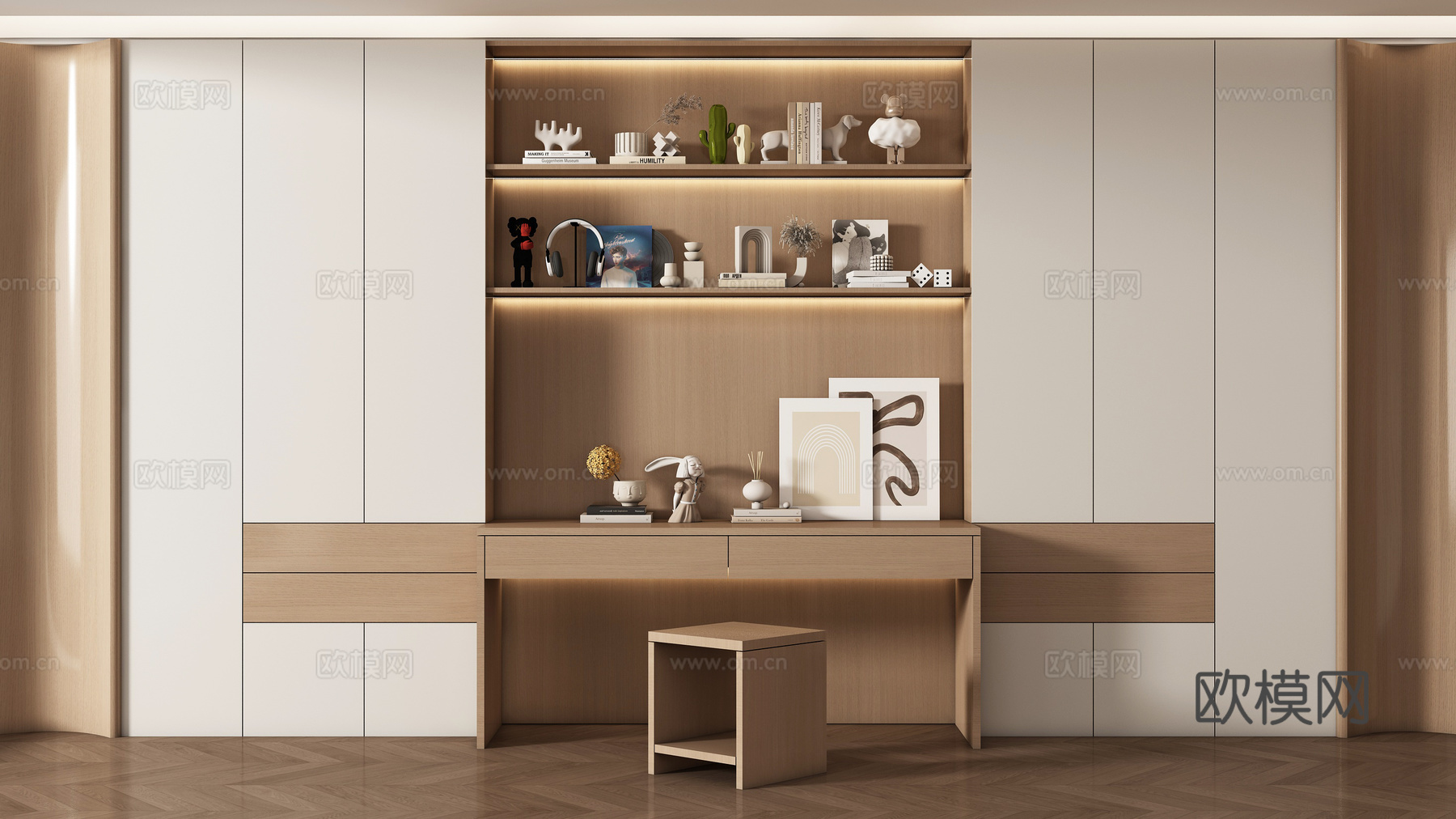 现代原木书房 书桌椅组合 储物柜书柜su模型