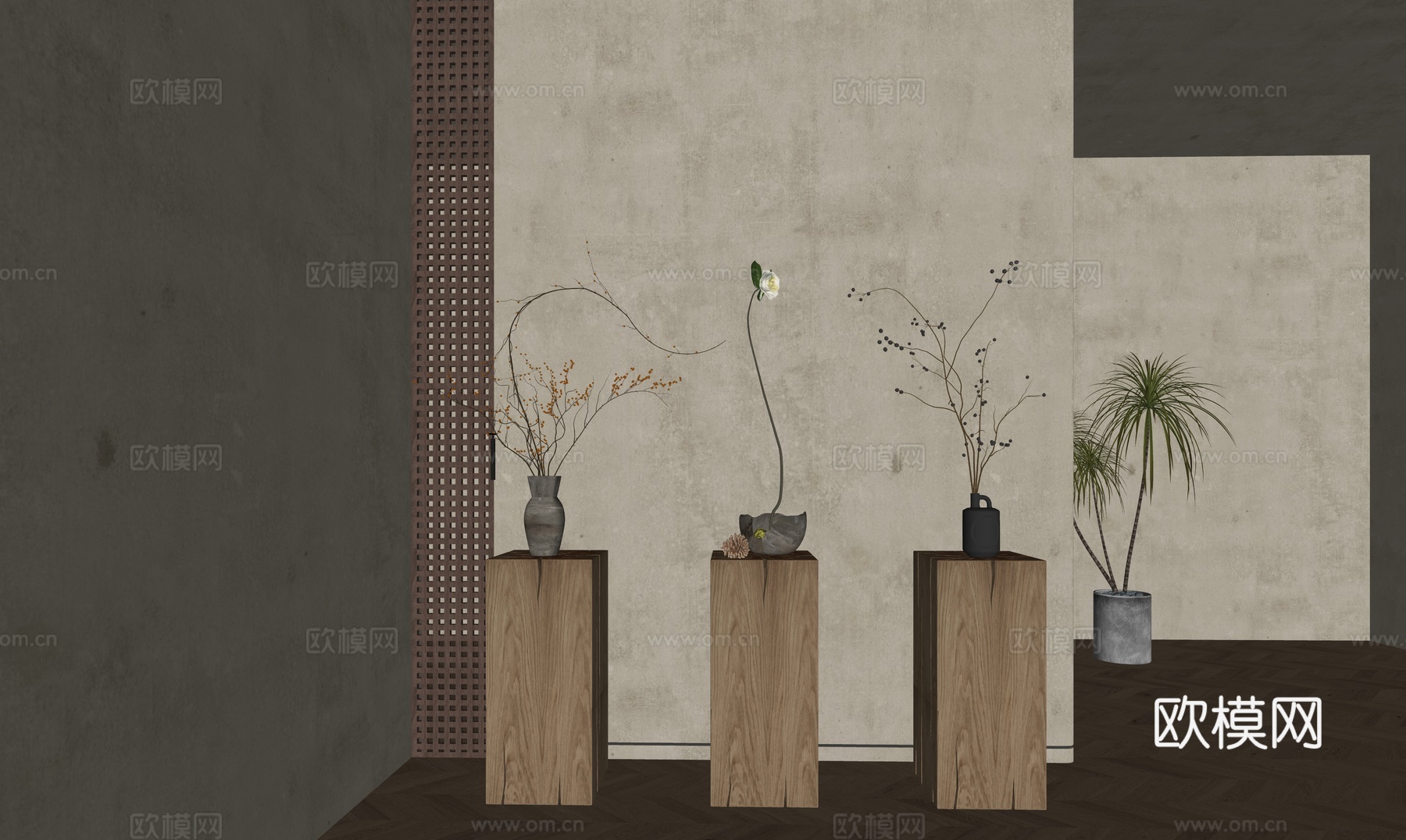 侘寂花瓶花艺_陶罐_陈设品_插花_植物  玄关  端景su模型