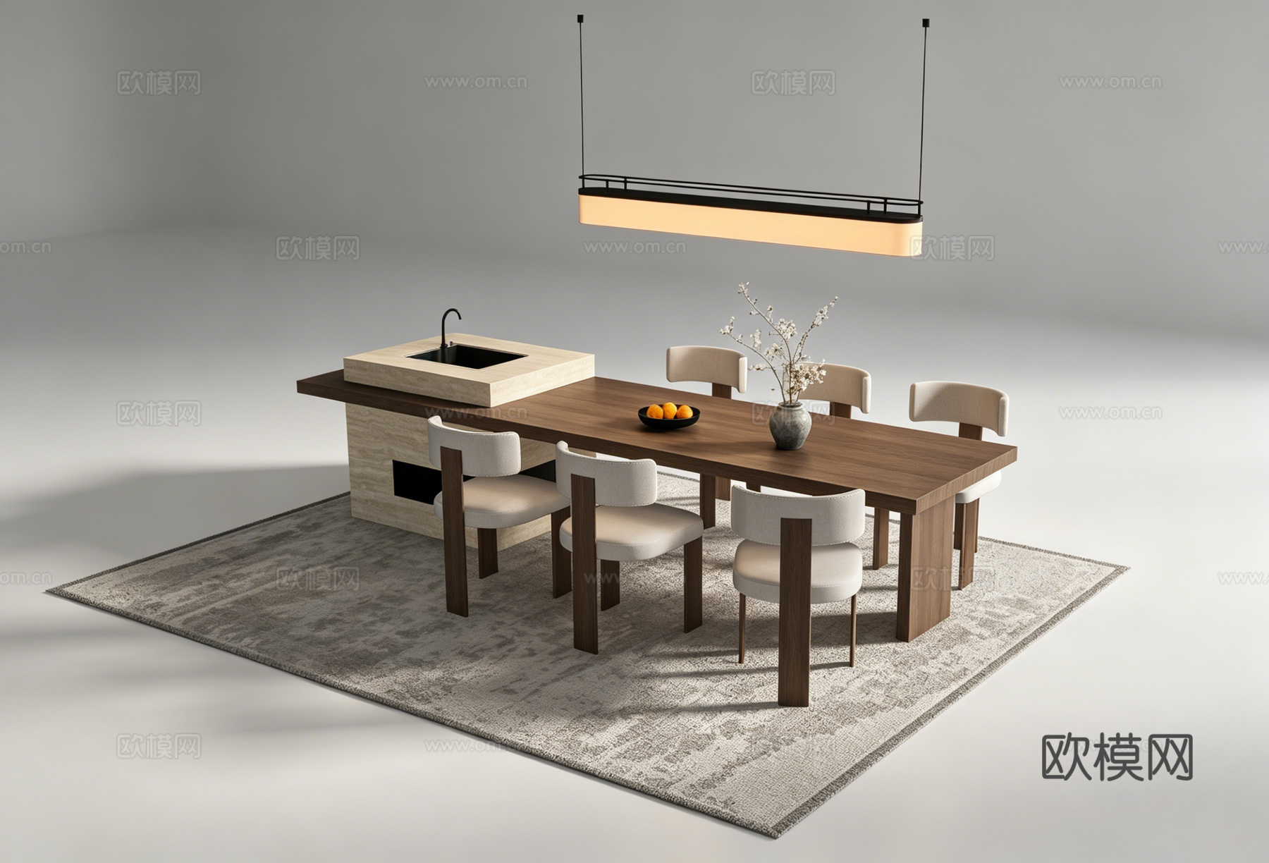 中古风岛台餐桌su模型