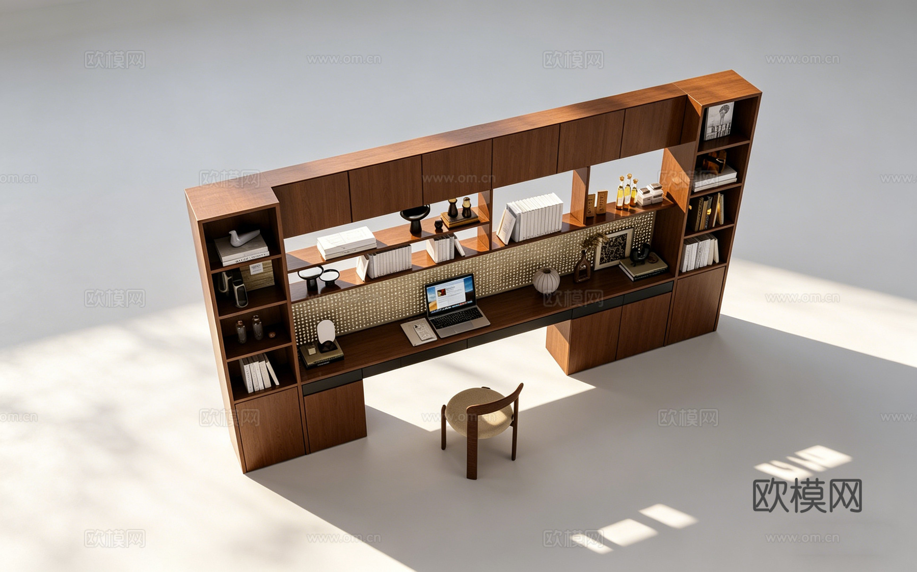 现代简约一体化书房组合 深棕色木质  书架储物柜 网格背板3d模型
