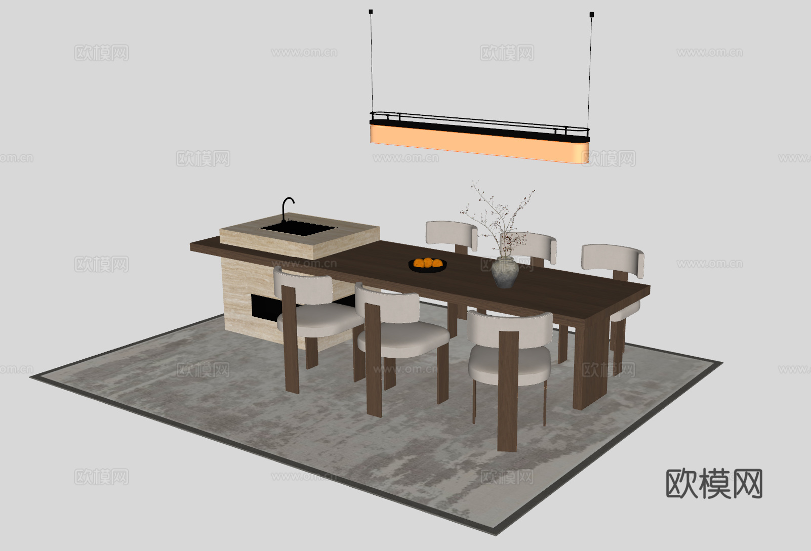 中古风岛台餐桌su模型