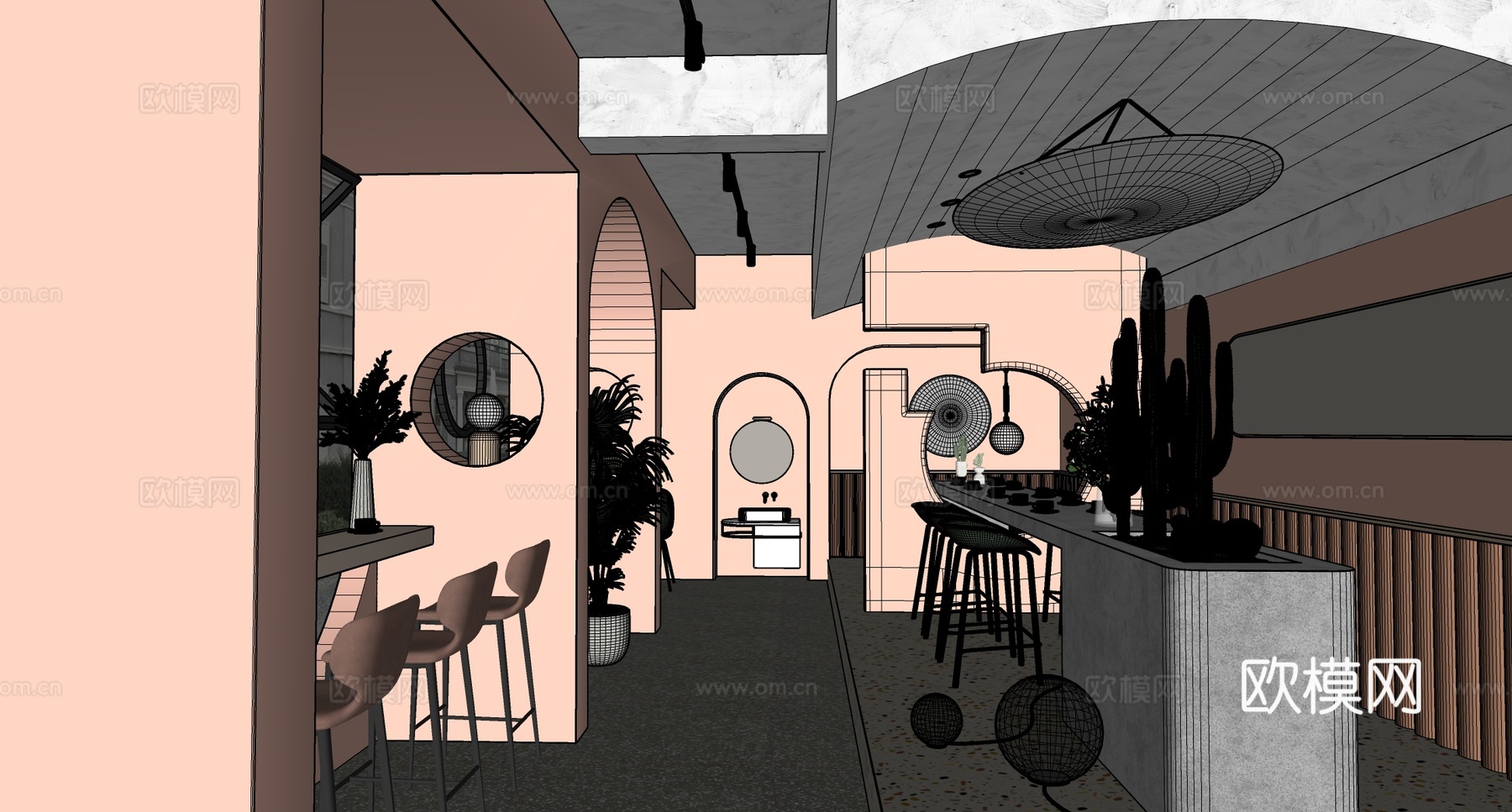 侘寂奶茶店 咖啡厅 吧台桌椅 前台操作台su模型