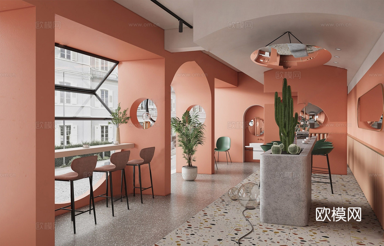 侘寂奶茶店 咖啡厅 吧台桌椅 前台操作台su模型