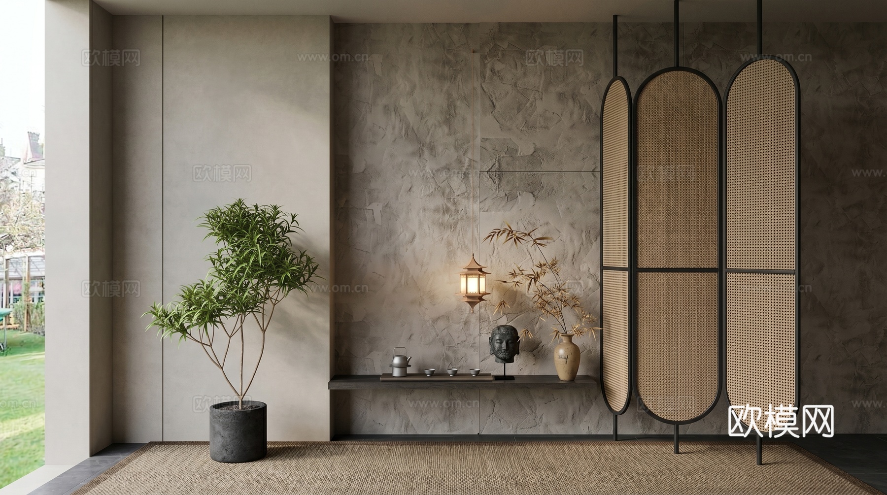 侘寂花瓶花艺_陶罐_屏风 陈设品_插花_植物  玄关  佛头 端景su模型