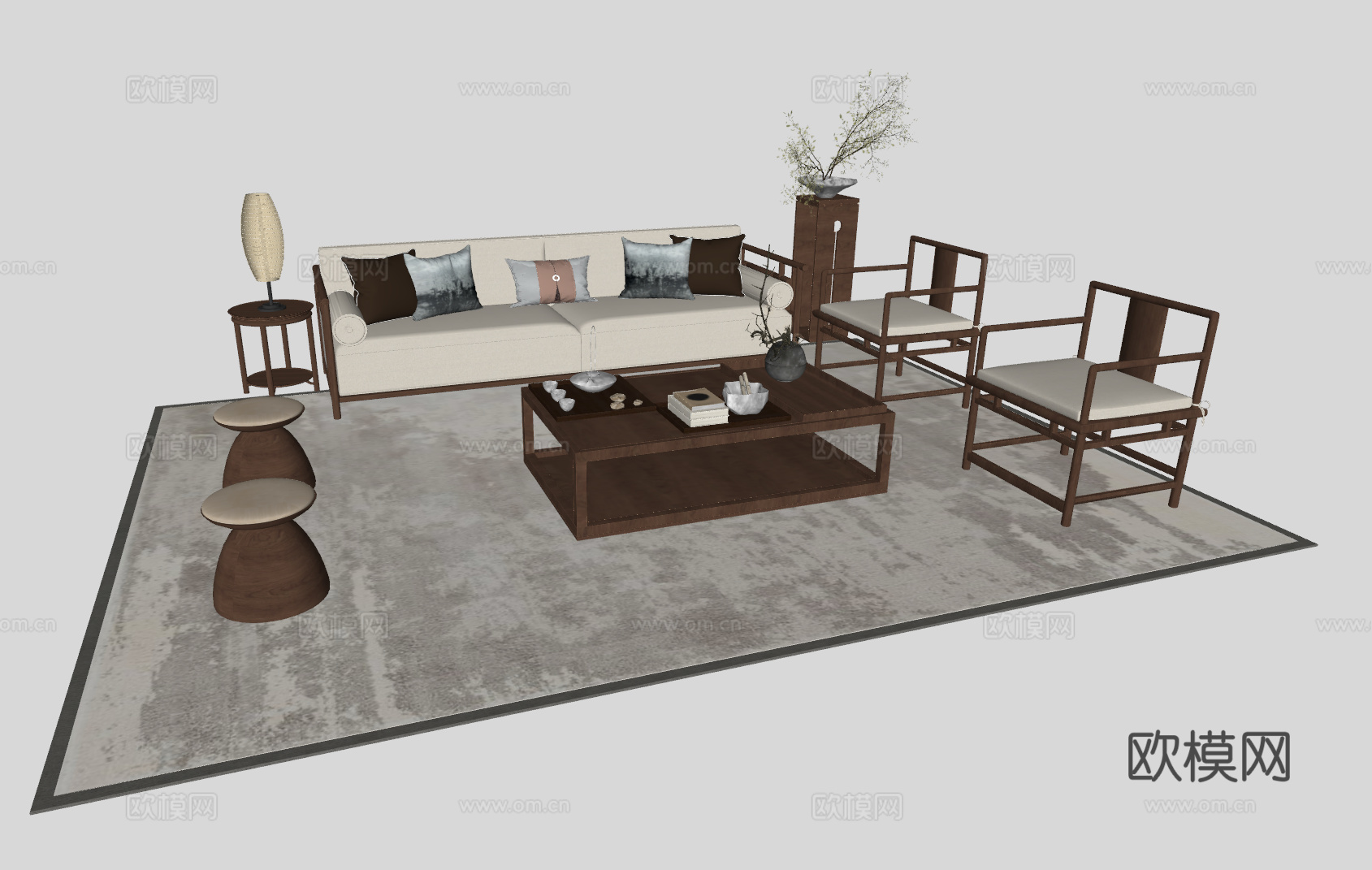 新中式客厅组合沙发su模型
