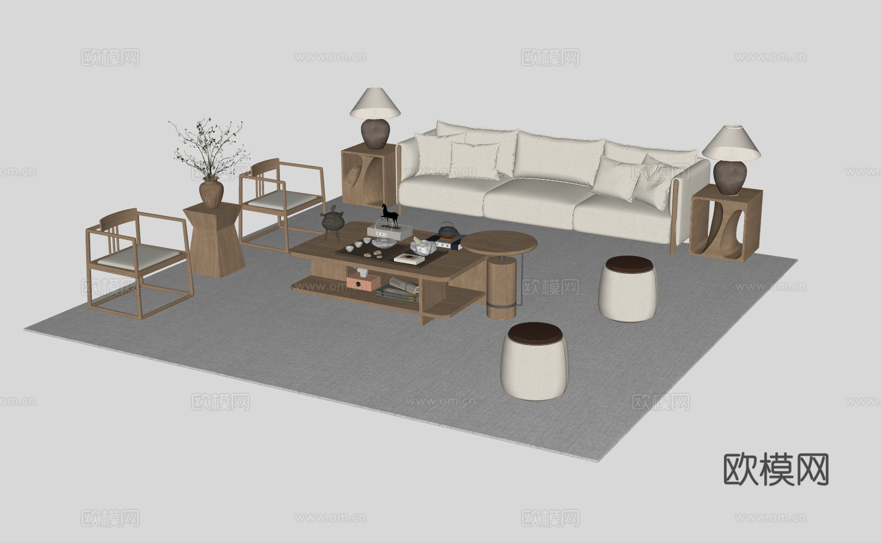 新中式客厅沙发组合su模型