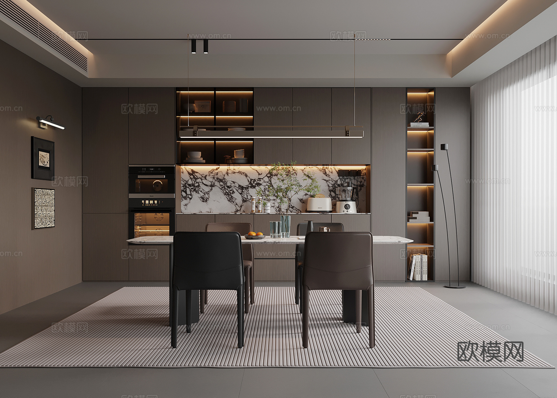现代意式餐厅 餐桌椅 意式酒柜su模型