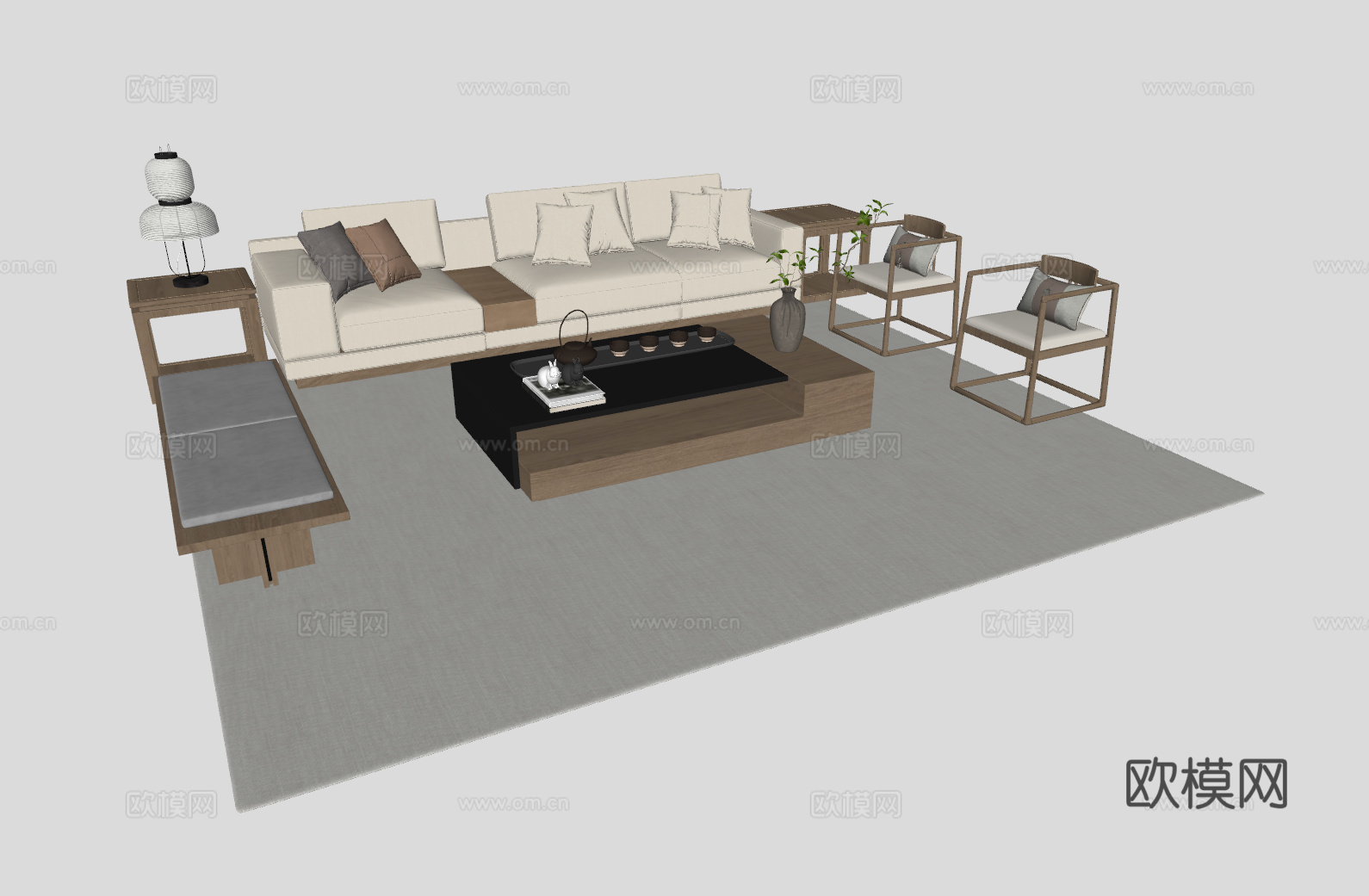 新中式客厅沙发组合su模型
