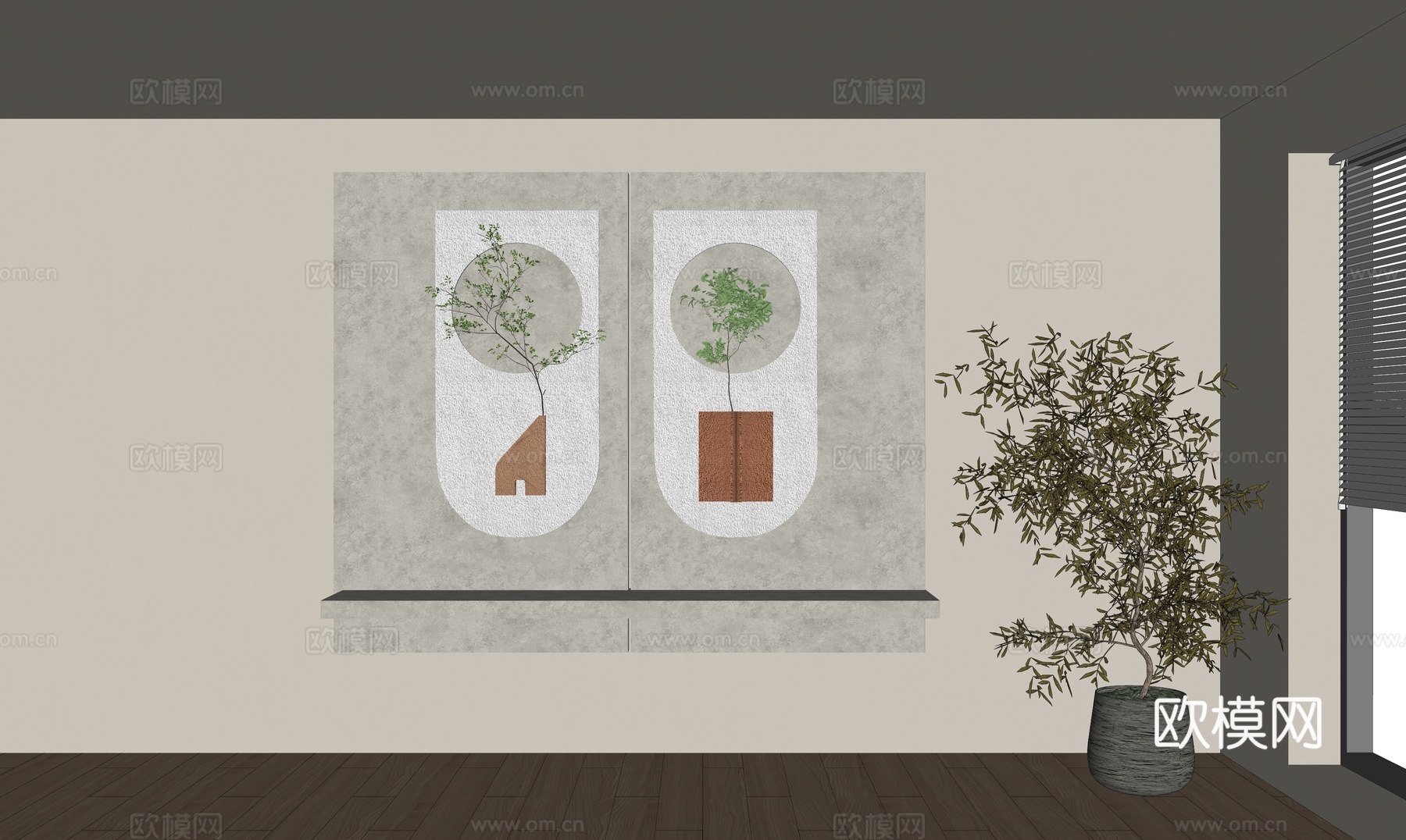 侘寂风立体墙饰挂件  盆栽su模型