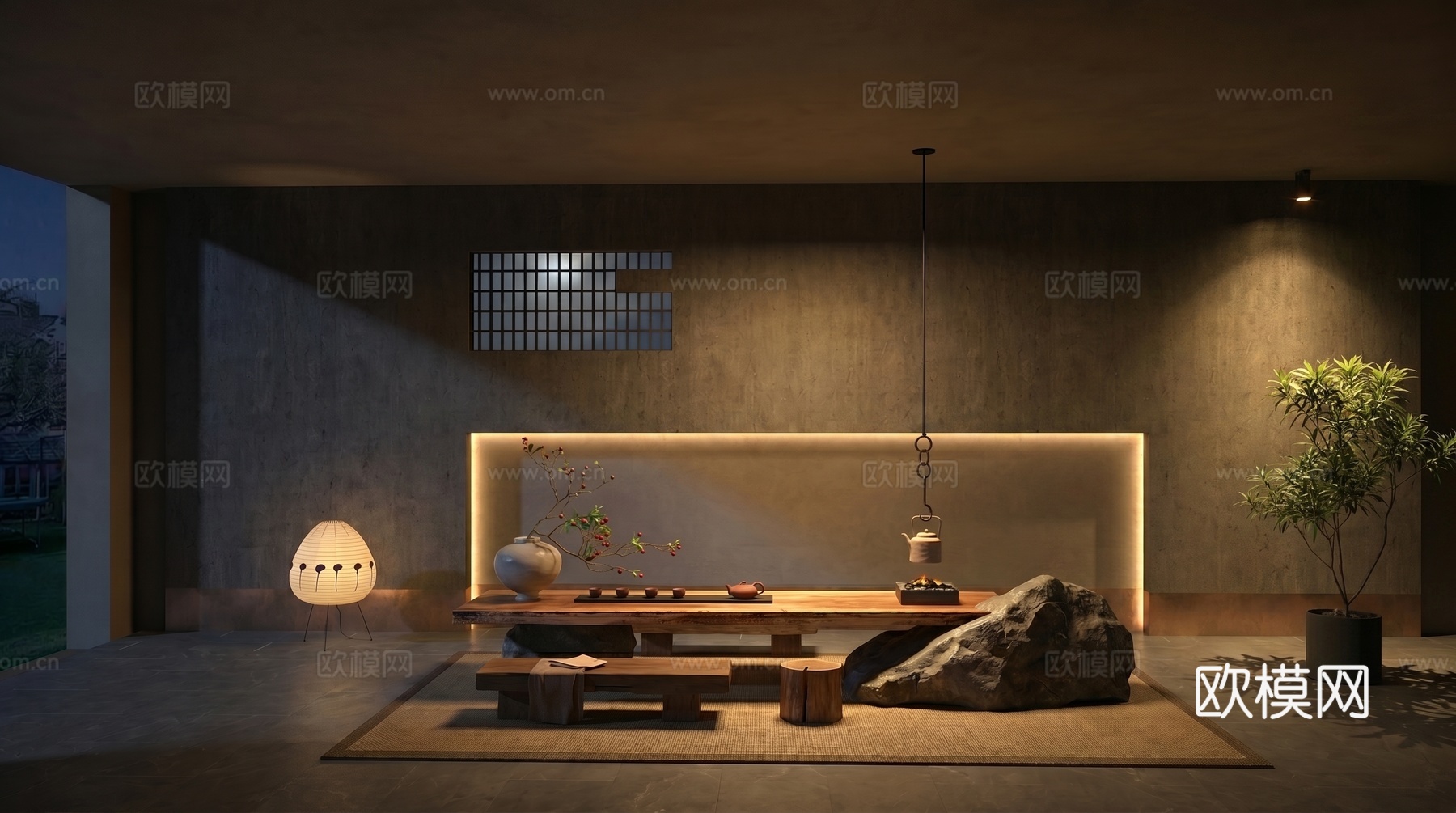 侘寂风茶室_茶台_茶桌椅_陶罐花艺_老板凳_木桩_茶具_毛石su模型