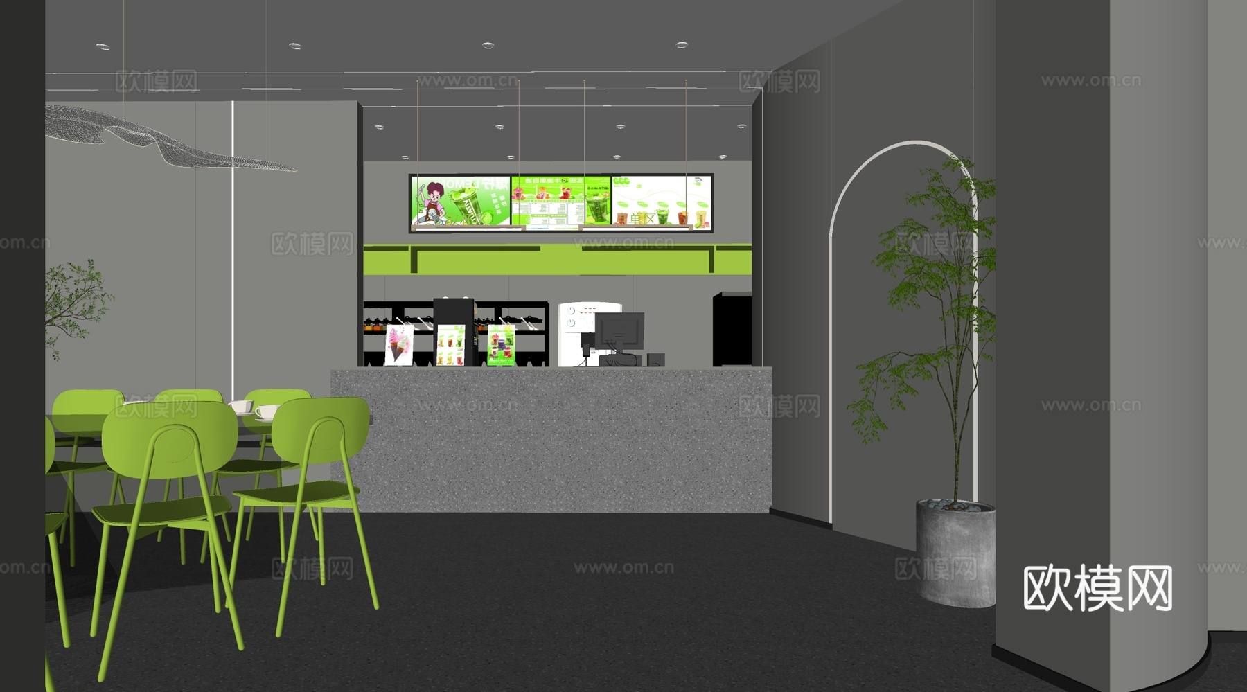 现代奶茶店 咖啡厅 吧台水吧台 餐桌椅组合su模型