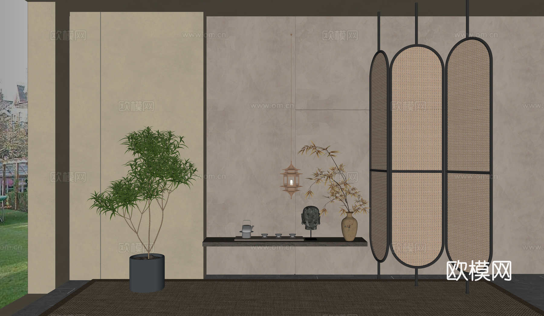 侘寂花瓶花艺_陶罐_屏风 陈设品_插花_植物  玄关  佛头 端景su模型