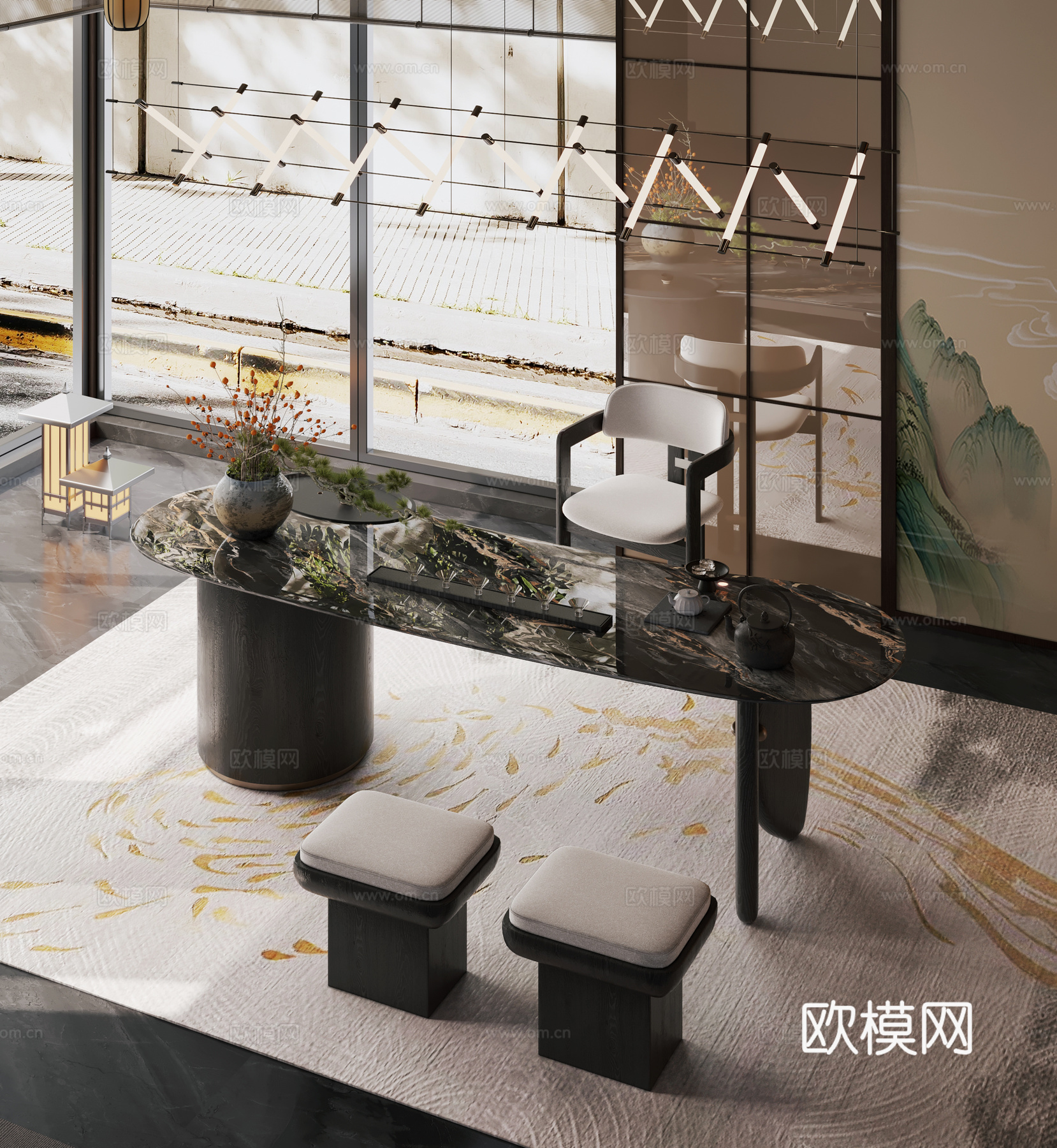 现代轻奢茶室 新中式茶室 别墅茶室 轻奢茶桌椅3d模型下载（渲染图2）