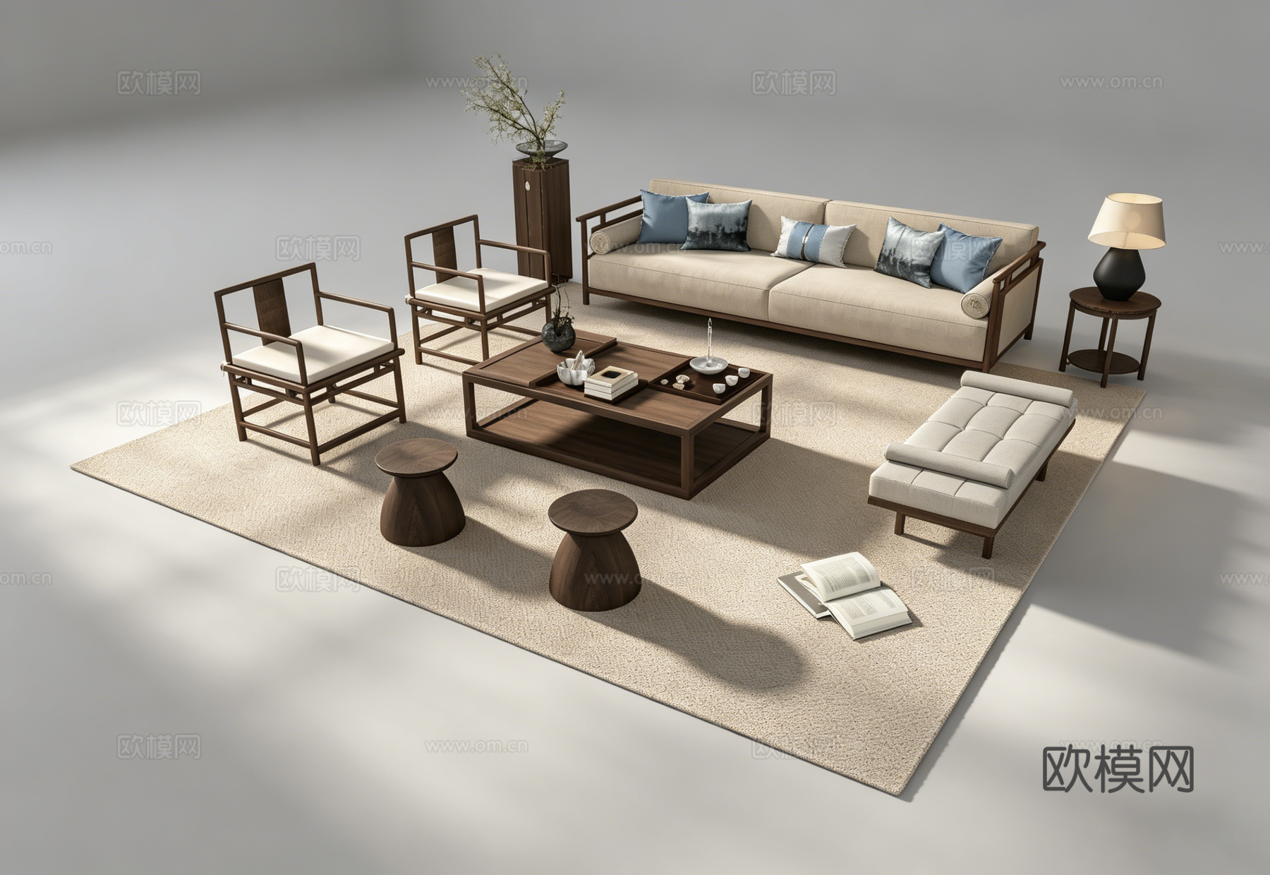 新中式客厅沙发组合su模型