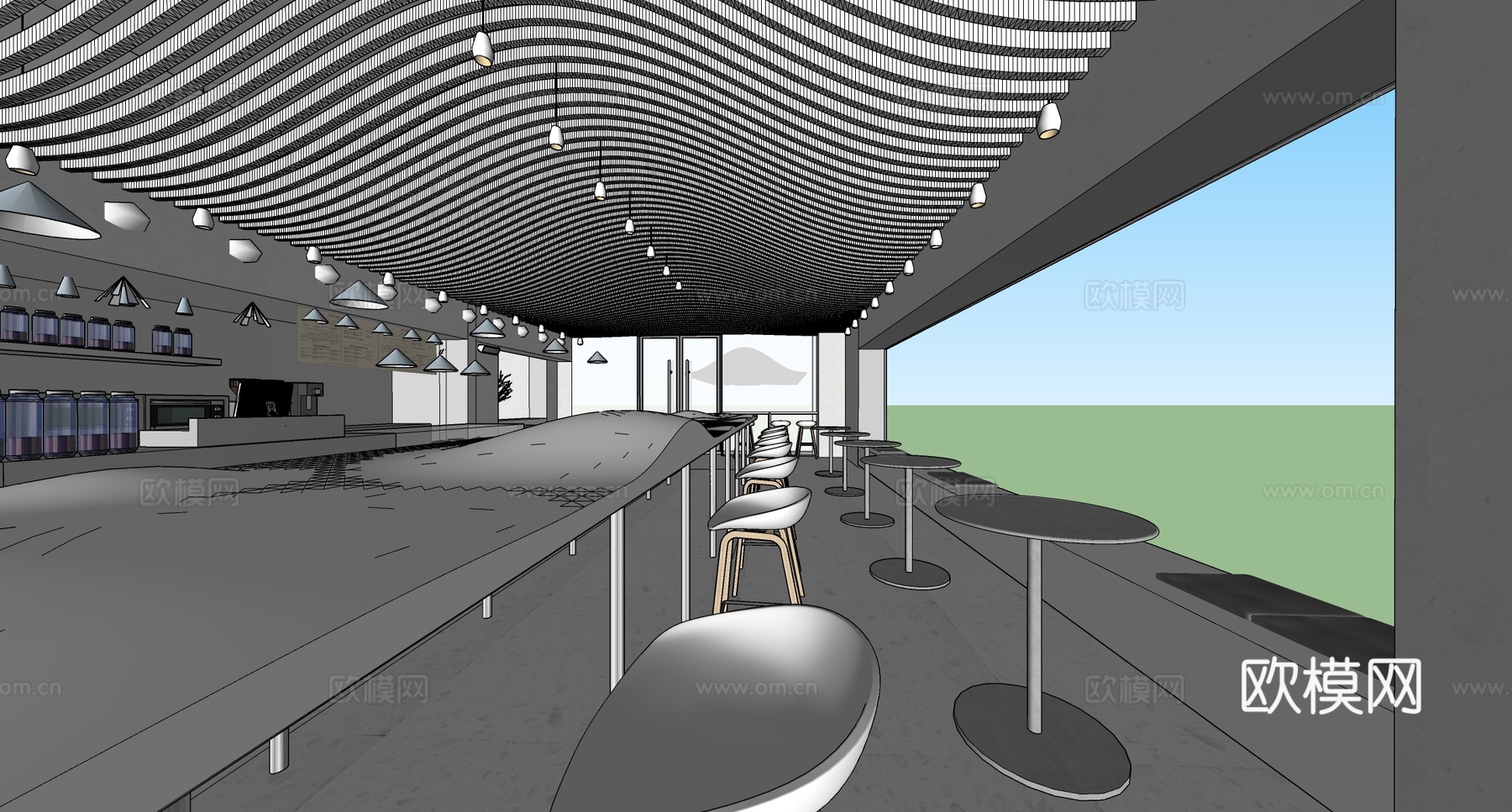 现代咖啡厅 奶茶甜品店 吧台吧椅su模型